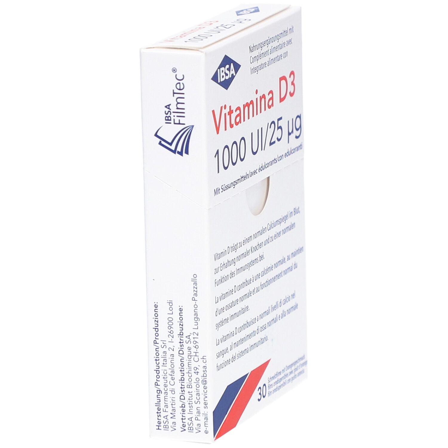 Schachtel "Vitamina D3 1000 UI/25 µg" von IBSA, schräg. Text in Deutsch, Französisch, Italienisch. Logo FilmTec. Enthält 30 Schmelzfilme.