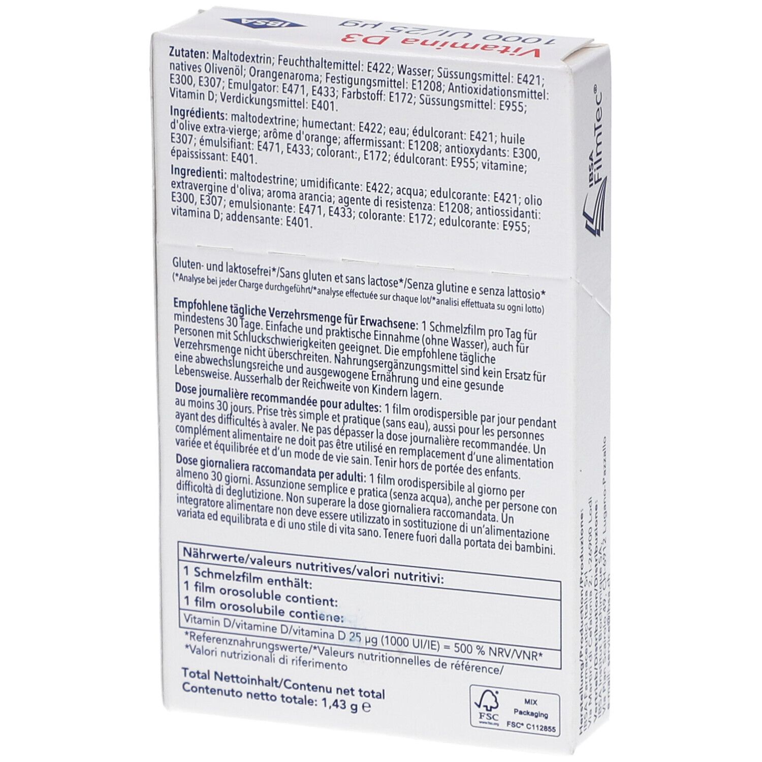 Rückseite der Schachtel "Vitamina D3 1000 UI/25 µg". Text in Deutsch, Französisch, Italienisch. Inhaltsstoffe, Nährwerte, Gebrauchsanweisung.