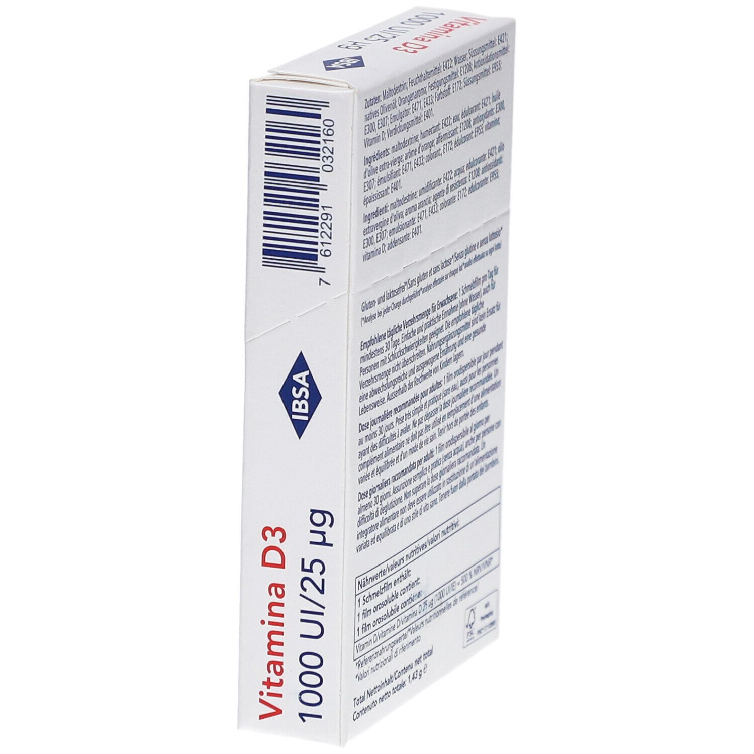 Schachtel "Vitamina D3 1000 UI/25 µg" von IBSA, schräg. Barcode und Text in Deutsch, Französisch, Italienisch. Enthält 30 Schmelzfilme.