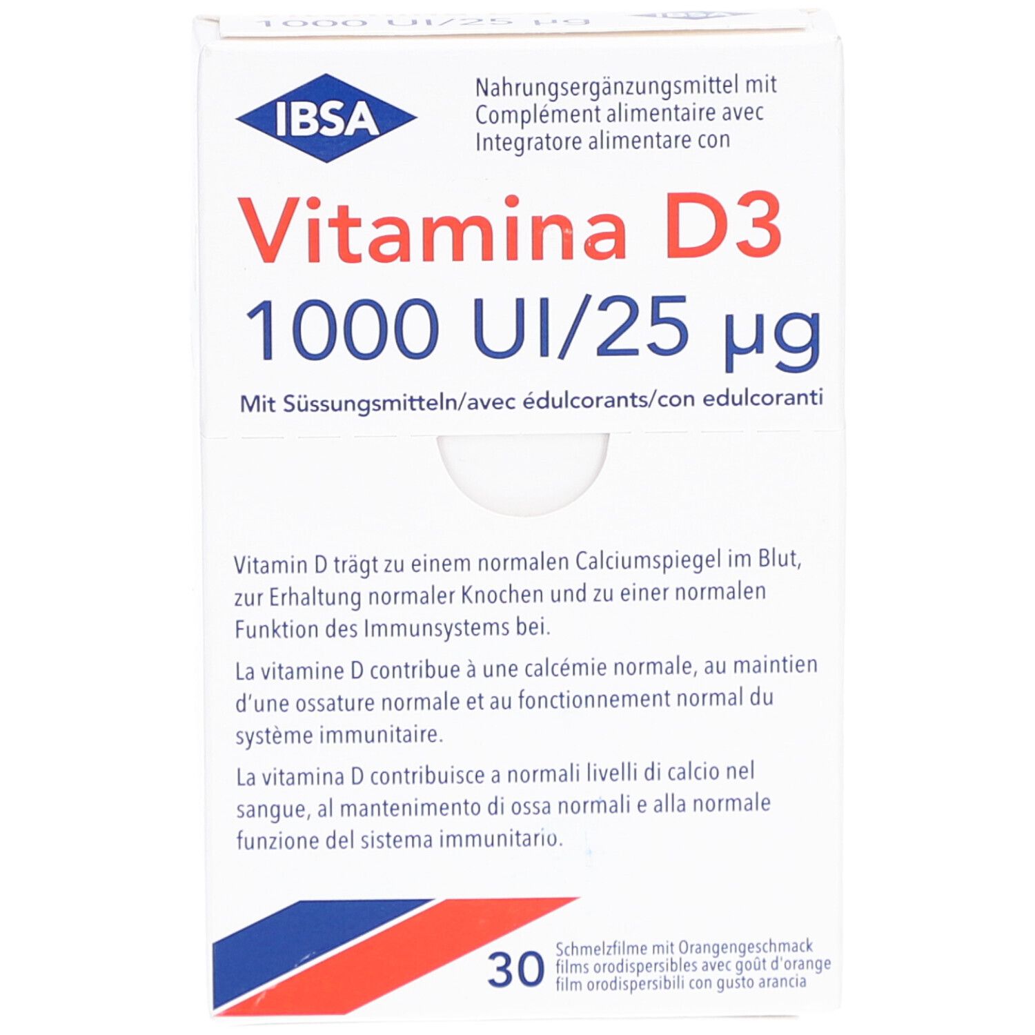 Weiße Schachtel mit "Vitamina D3 1000 UI/25 µg" und IBSA-Logo. Enthält 30 Schmelzfilme. Text in Deutsch, Französisch, Italienisch.