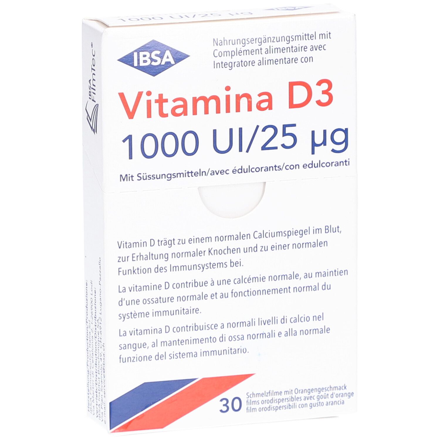 Weiße Schachtel mit "Vitamina D3 1000 UI/25 µg" und IBSA-Logo. Enthält 30 Schmelzfilme. Text in Deutsch, Französisch, Italienisch.