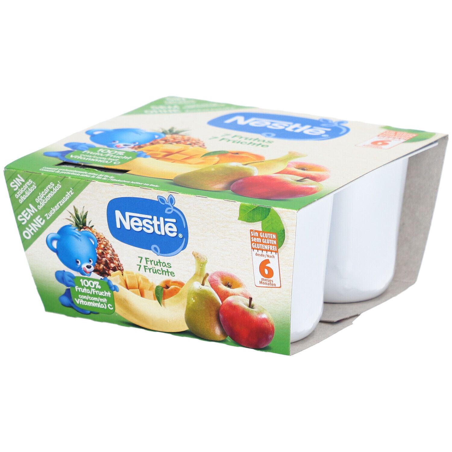Nestlé Kompott 7 Früchte, 6 Becher in Kartonverpackung. Aufdrucke: 100% Frucht, Vitamin C, ohne Zuckerzusatz, glutenfrei.