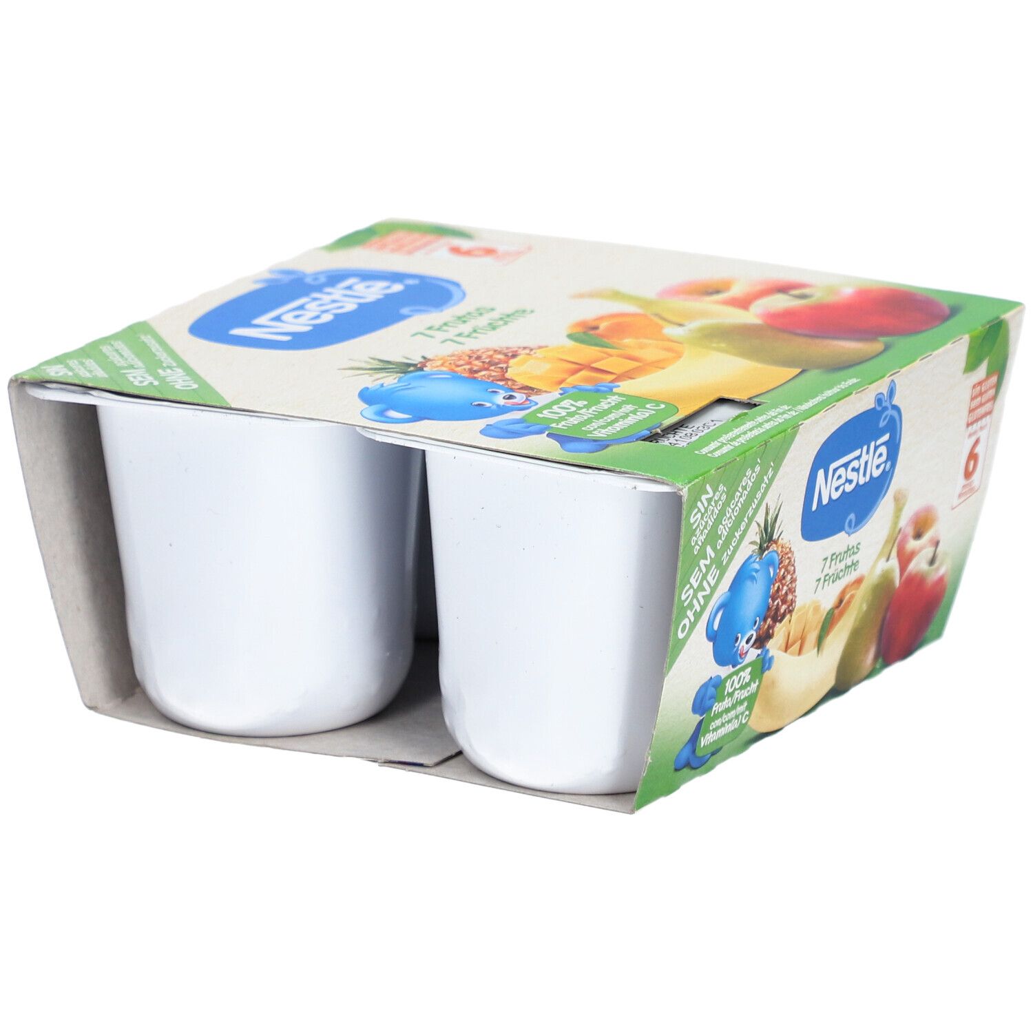 Nestlé Kompott 7 Früchte, 6 Becher in Kartonverpackung. Aufdrucke: 100% Frucht, Vitamin C, ohne Zuckerzusatz, glutenfrei.