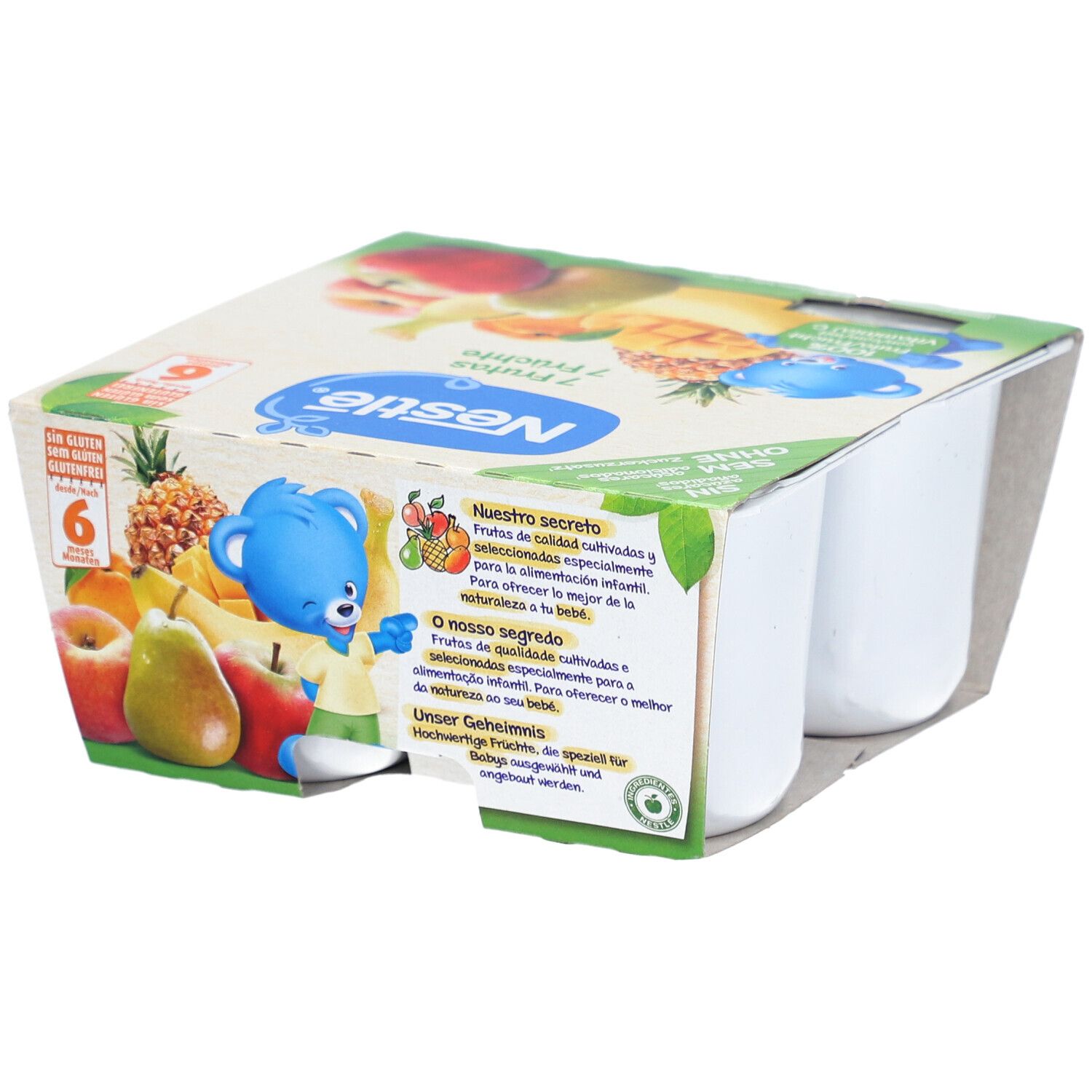 Nestlé Kompott 7 Früchte, 6 Becher in Kartonverpackung. Aufdrucke: 100% Frucht, Vitamin C, ohne Zuckerzusatz, glutenfrei.