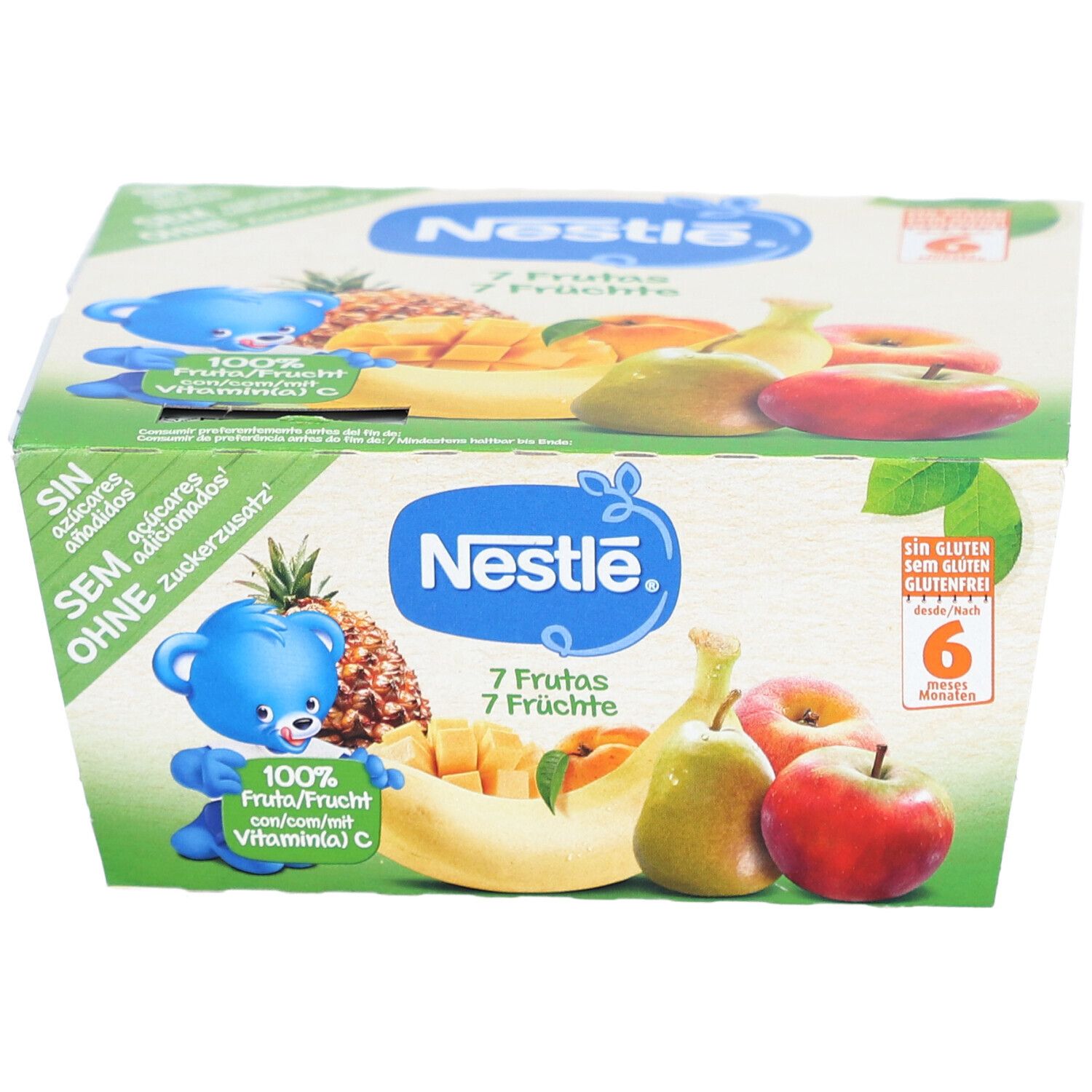 Nestlé Kompott 7 Früchte, 6 Becher in Kartonverpackung. Aufdrucke: 100% Frucht, Vitamin C, ohne Zuckerzusatz, glutenfrei.