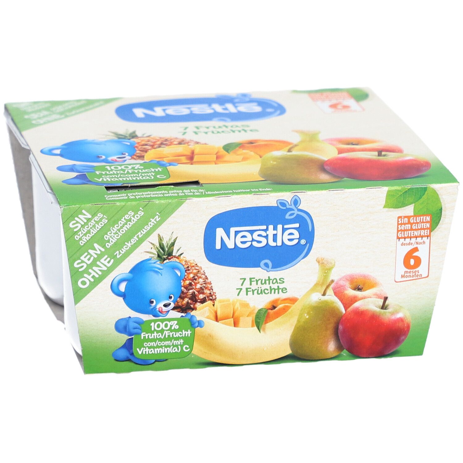 Nestlé Kompott 7 Früchte, 6 Becher in Kartonverpackung. Aufdrucke: 100% Frucht, Vitamin C, ohne Zuckerzusatz, glutenfrei.