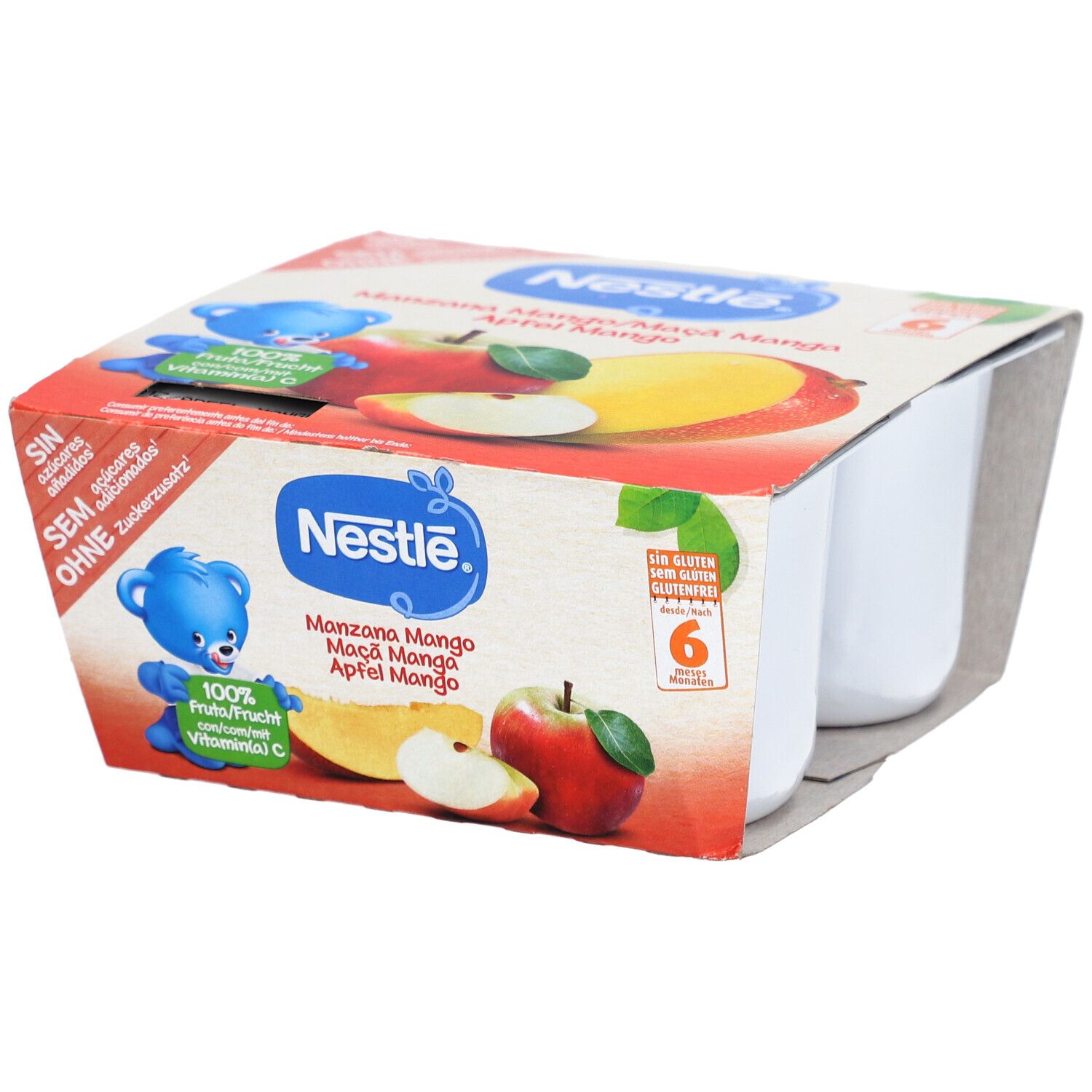 Emballage de 6 coupelles. Logo Nestlé et noms de produits. Images de pomme et mangue. Sans sucres ajoutés.