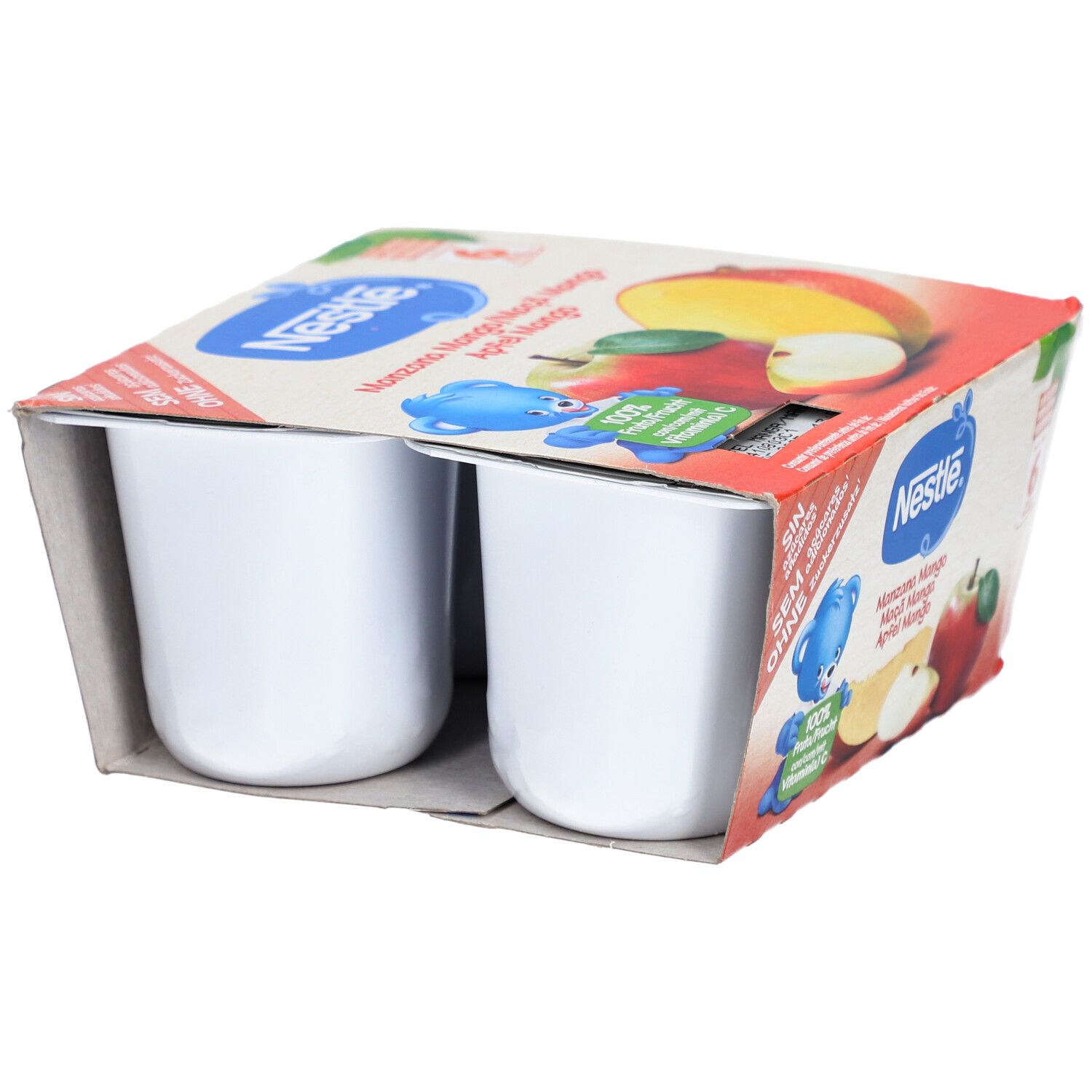 Emballage de 6 coupelles. Logo Nestlé et noms de produits. Images de pomme et mangue. Sans sucres ajoutés.
