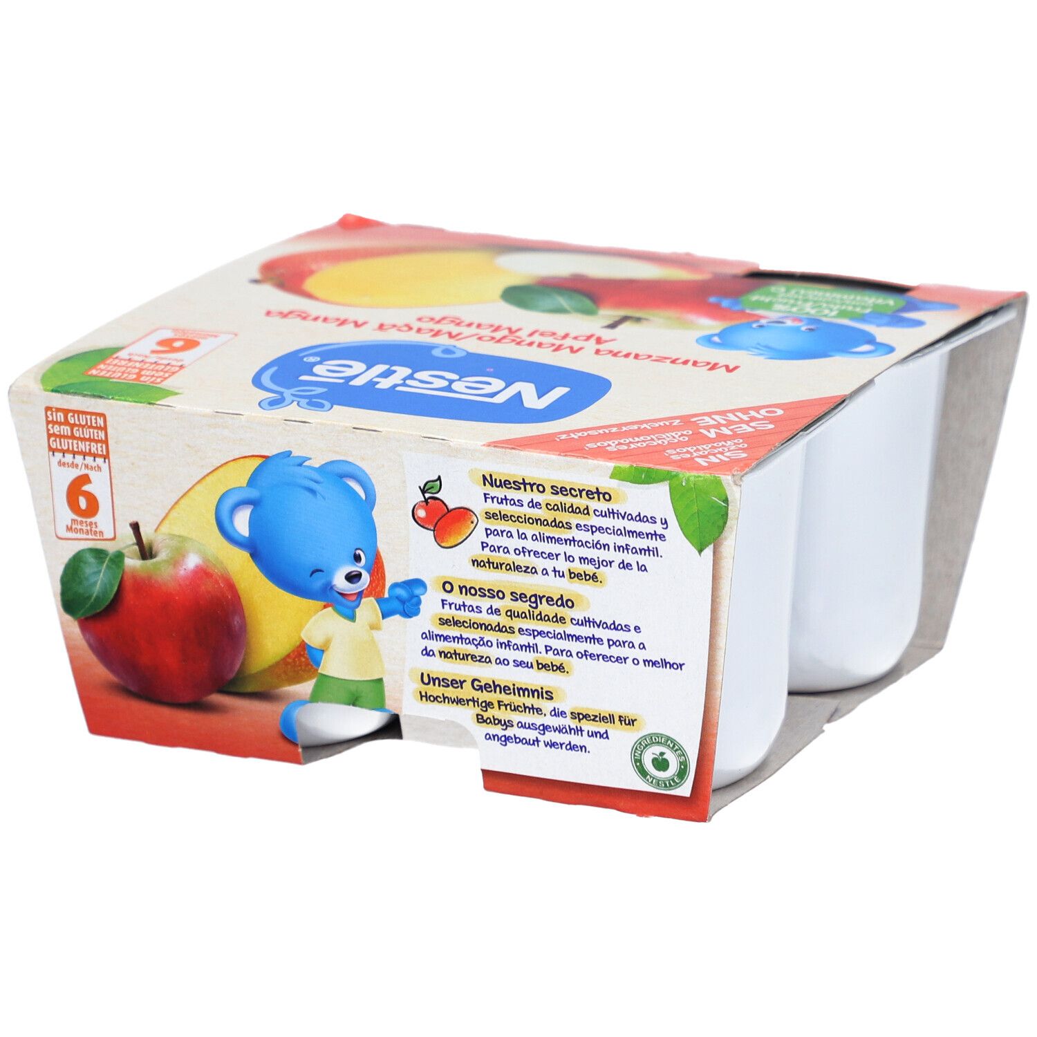 Emballage de 6 coupelles. Logo Nestlé et noms de produits. Images de pomme et mangue. Sans sucres ajoutés.