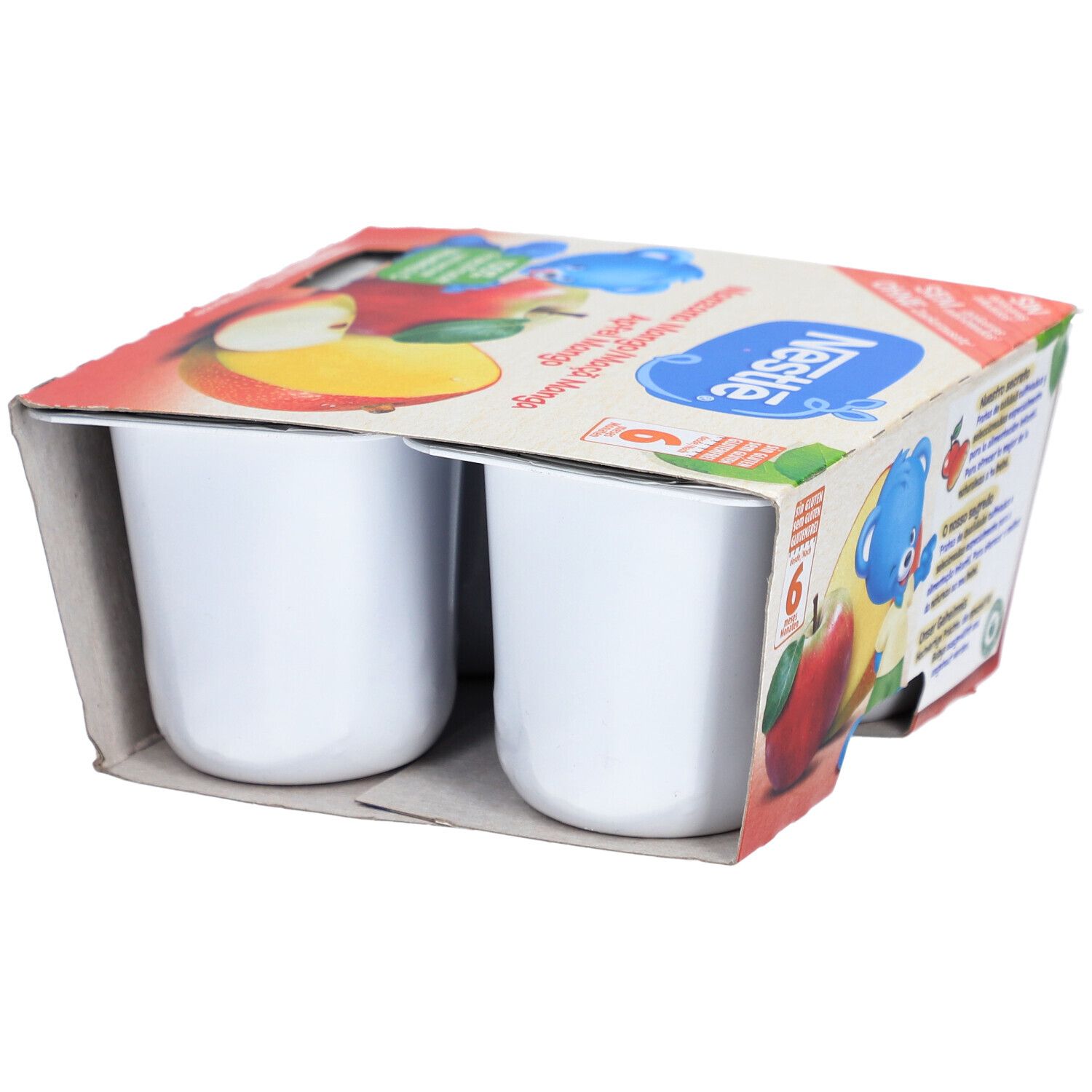 Emballage de 6 coupelles. Logo Nestlé et noms de produits. Images de pomme et mangue. Sans sucres ajoutés.