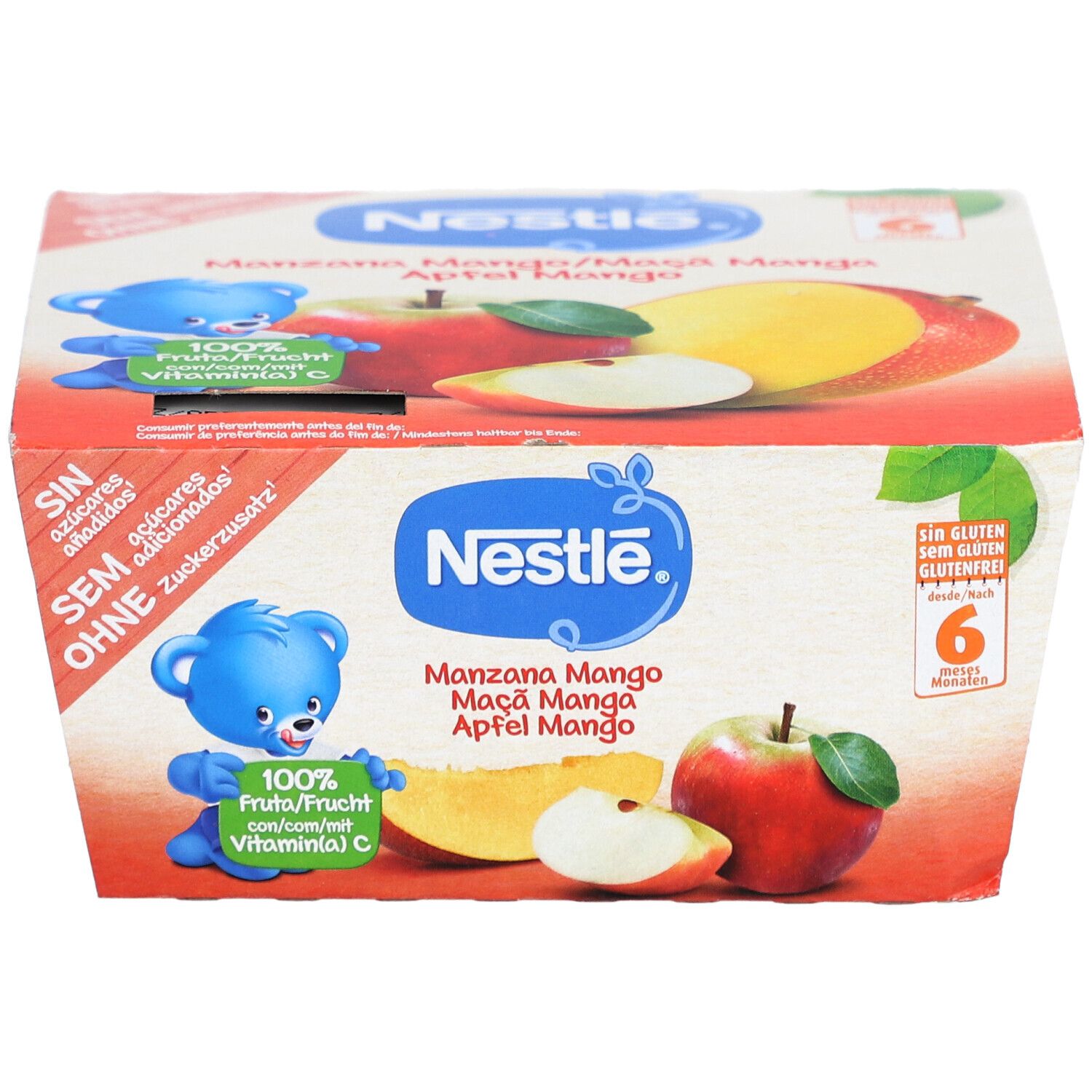 Emballage de 6 coupelles. Logo Nestlé et noms de produits. Images de pomme et mangue. Sans sucres ajoutés.