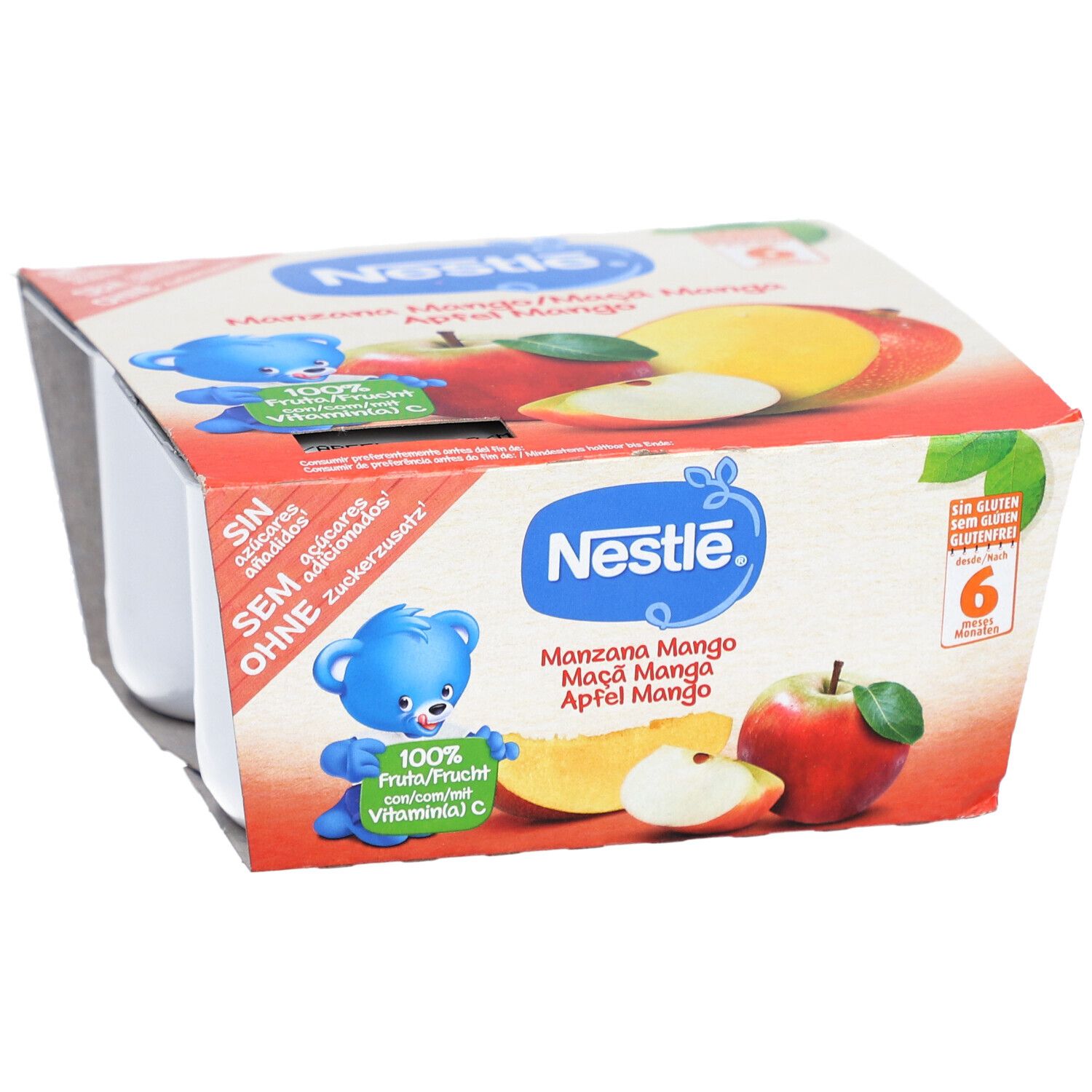 Emballage de 6 coupelles. Logo Nestlé et noms de produits. Images de pomme et mangue. Sans sucres ajoutés.
