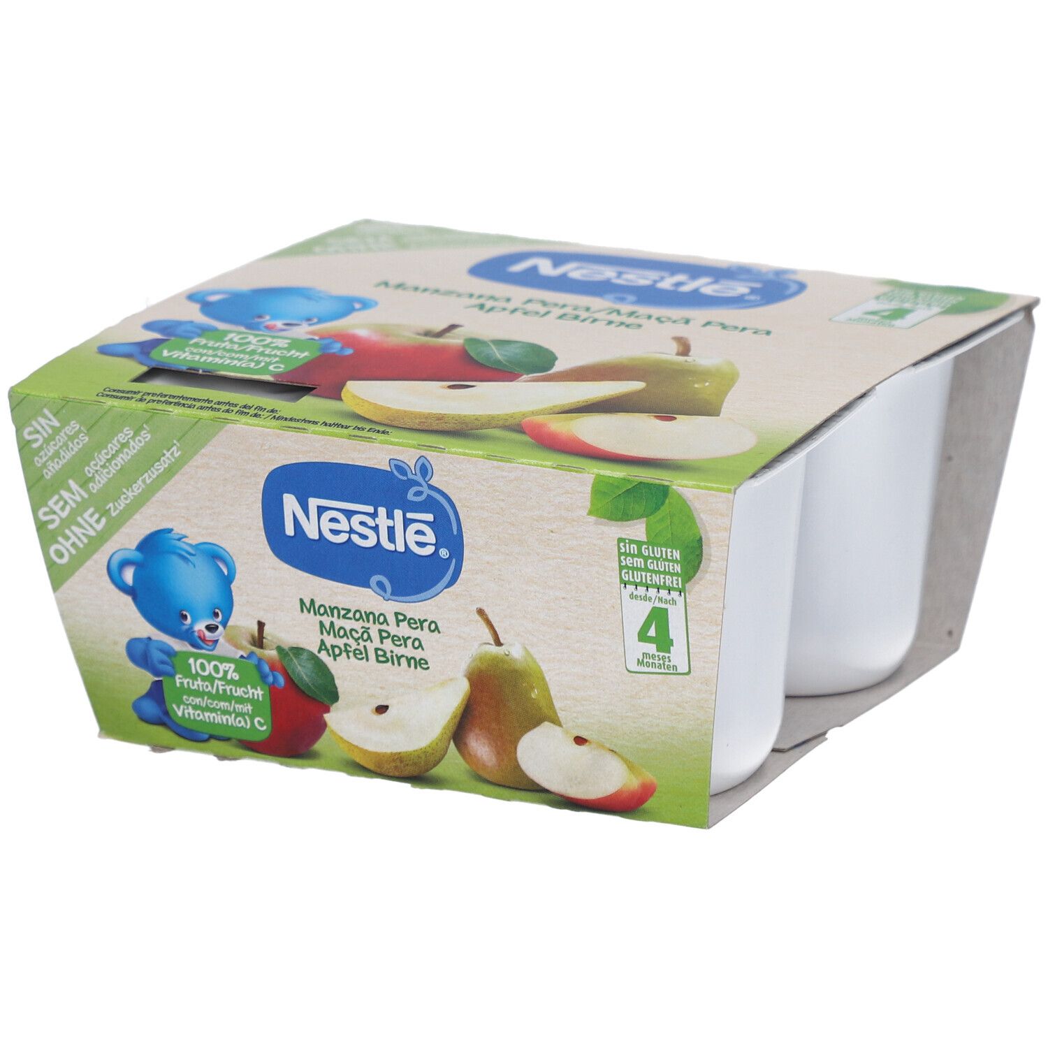 Verpackung mit vier Bechern Fruchtpüree. Nestlé-Logo und Abbildungen von Apfel und Birne. Glutenfrei.