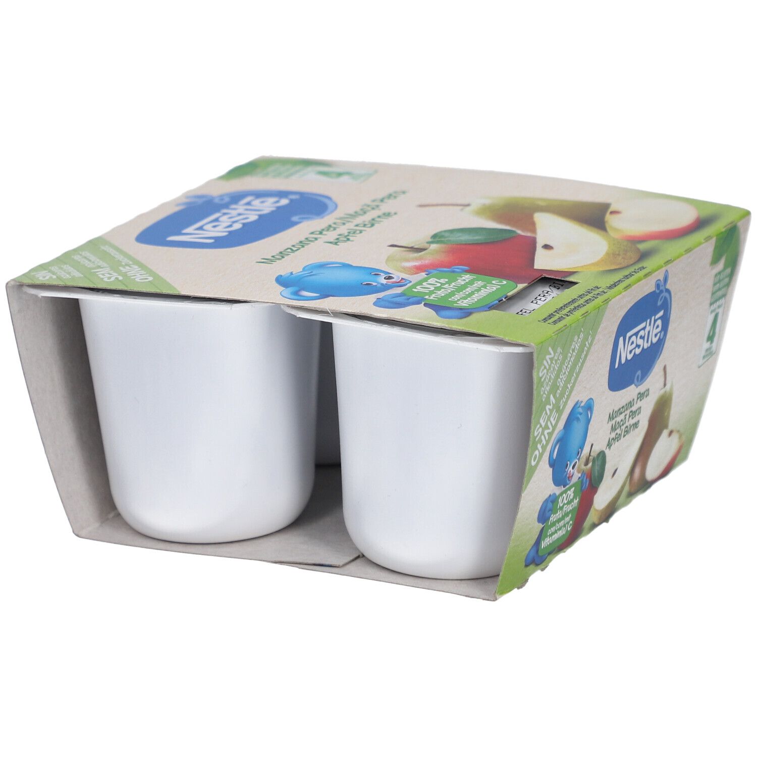 Verpackung mit vier Bechern Fruchtpüree. Nestlé-Logo und Abbildungen von Apfel und Birne. Glutenfrei.
