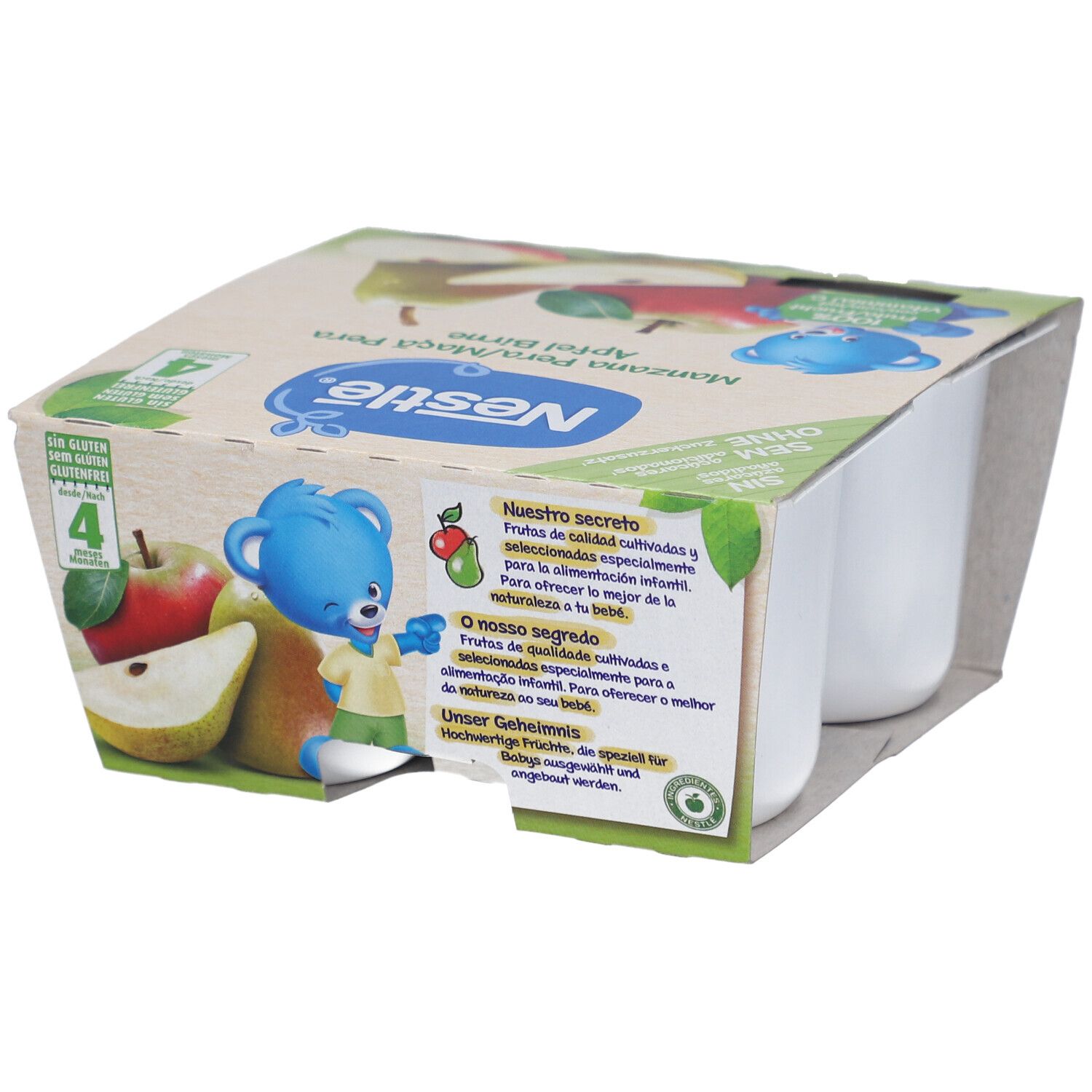 Verpackung mit vier Bechern Fruchtpüree. Nestlé-Logo und Abbildungen von Apfel und Birne. Glutenfrei.