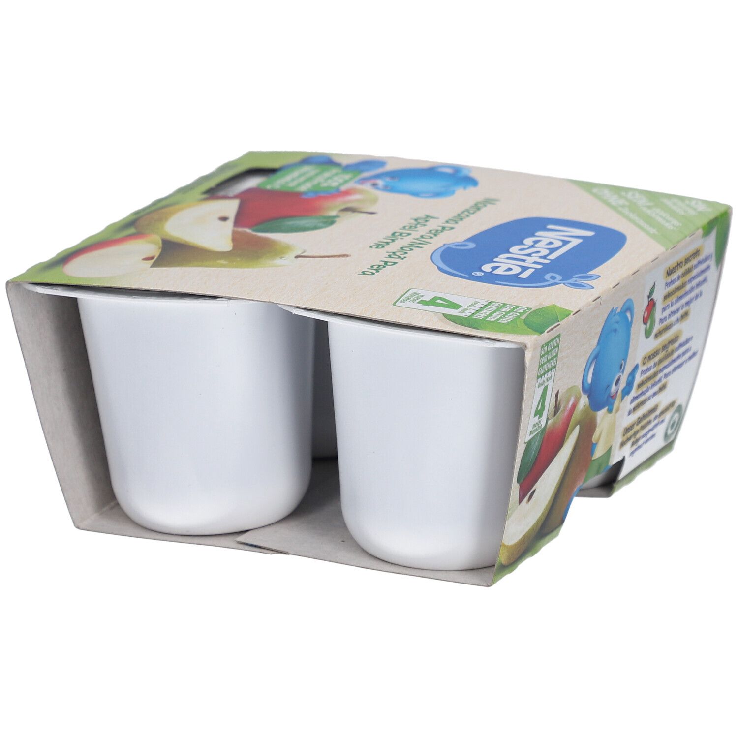 Verpackung mit vier Bechern Fruchtpüree. Nestlé-Logo und Abbildungen von Apfel und Birne. Glutenfrei.
