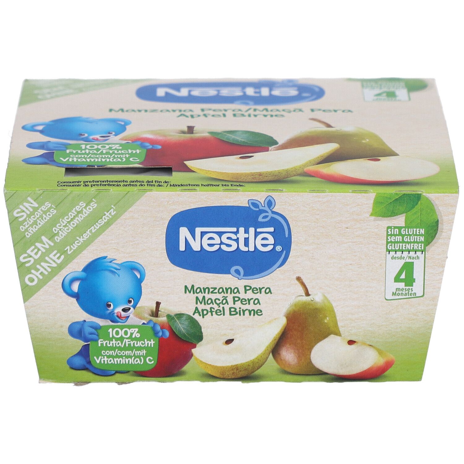 Verpackung mit vier Bechern Fruchtpüree. Nestlé-Logo und Abbildungen von Apfel und Birne. Glutenfrei.