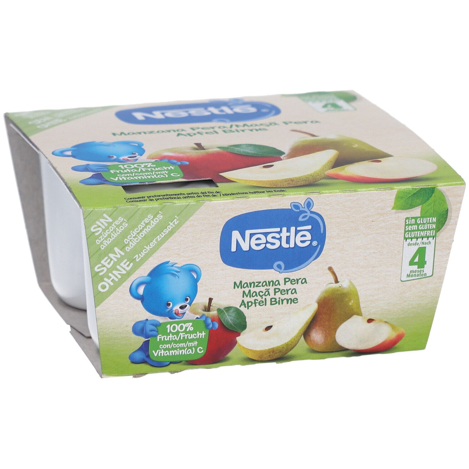 Verpackung mit vier Bechern Fruchtpüree. Nestlé-Logo und Abbildungen von Apfel und Birne. Glutenfrei.
