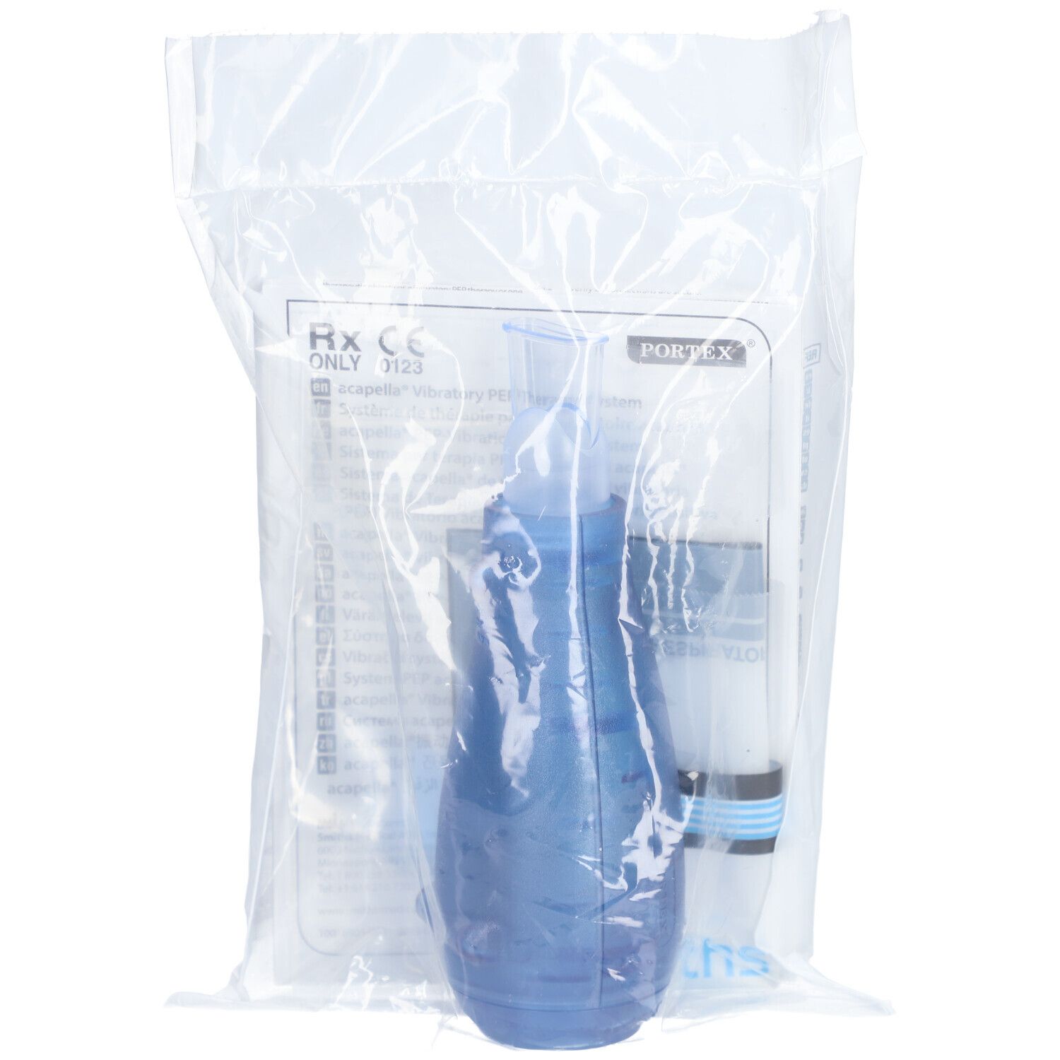 Blaues Vibrations-PEP-Therapiesystem in transparenter Verpackung. Enthält Zubehör. CE-Kennzeichnung.