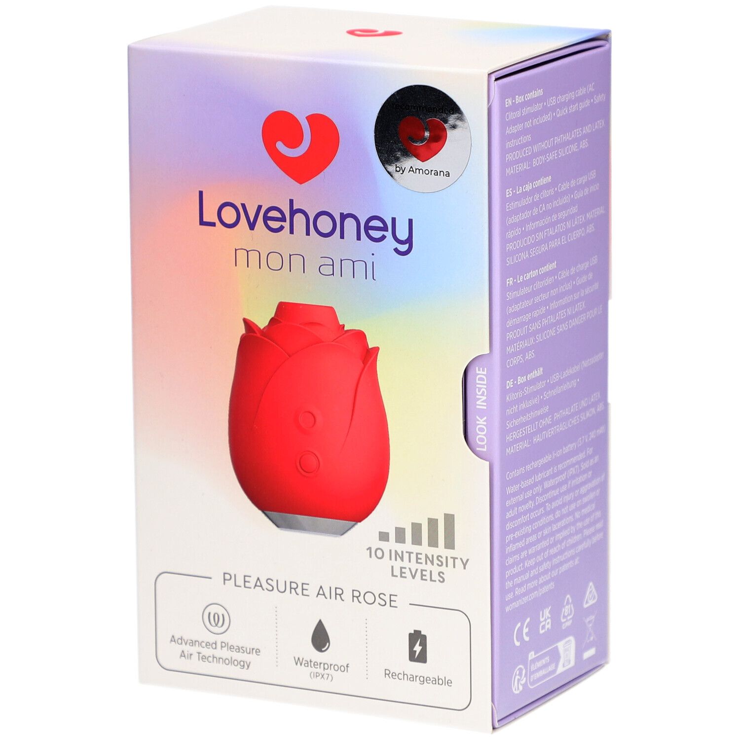 Verpackung mit rotem Auflegevibrator in Rosenform. Marke Lovehoney mon ami. 10 Intensitätsstufen, wasserdicht, wiederaufladbar.