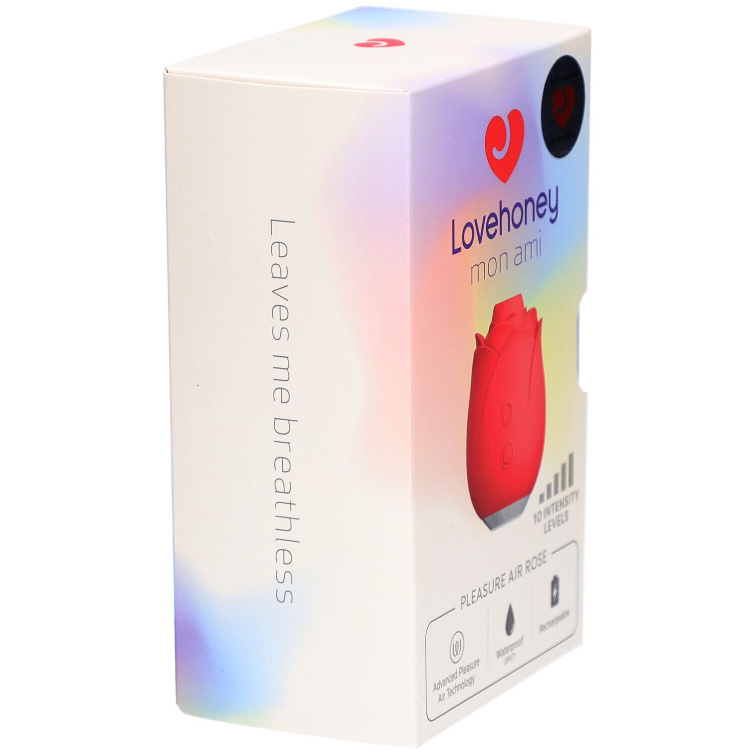 Verpackung Lovehoney mon ami. Roter Auflegevibrator in Rosenform. Text: Leaves me breathless. 10 Intensitätsstufen, wasserdicht.