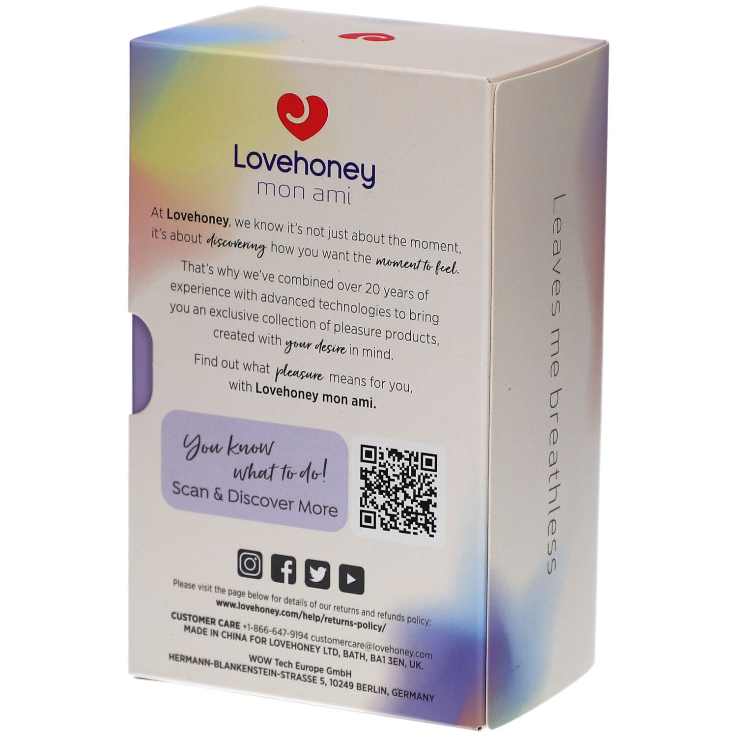 Rückseite der Verpackung Lovehoney mon ami. Text und QR-Code. Kontaktinformationen und Herstellerangaben. Lila Hintergrund.