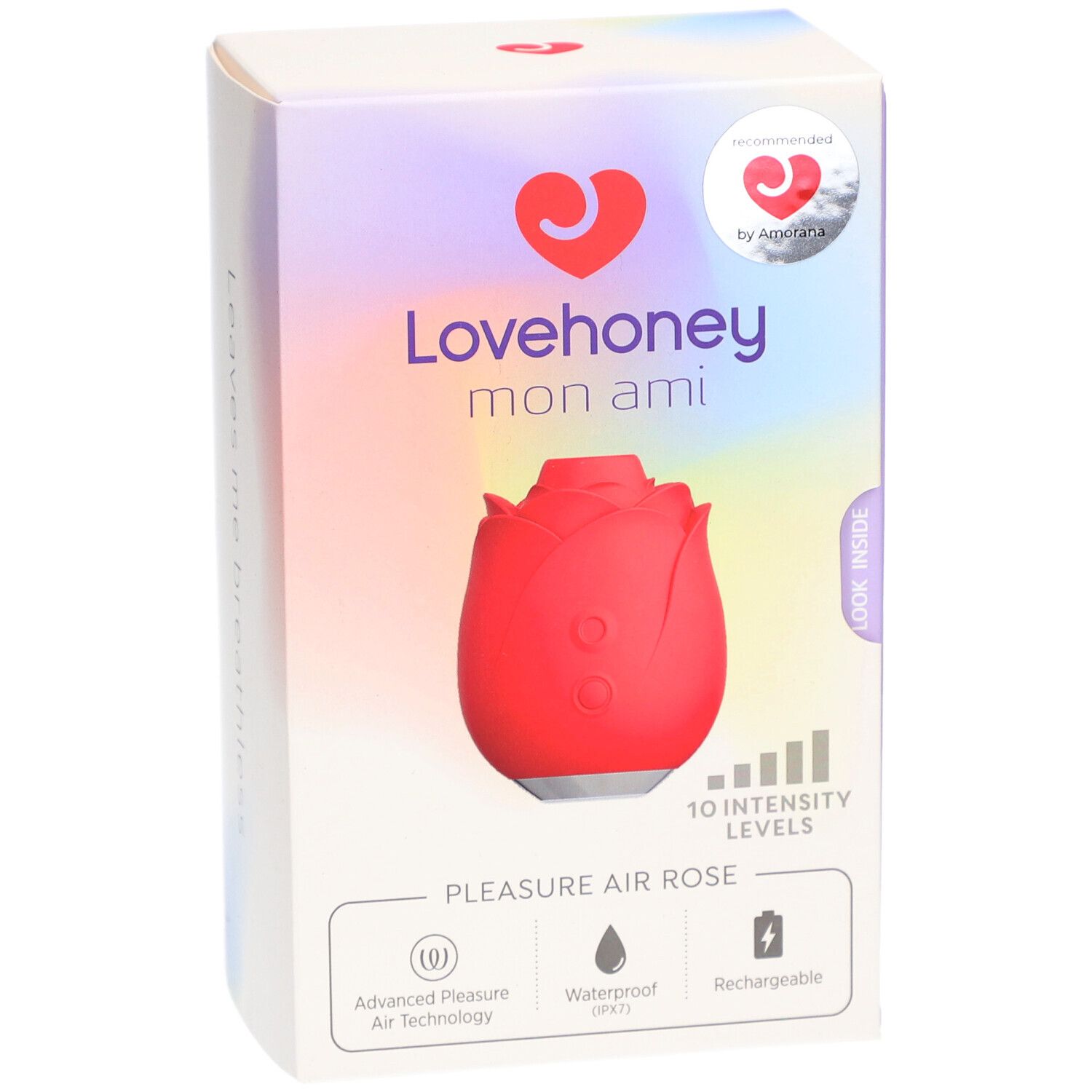 Verpackung Lovehoney mon ami. Roter Auflegevibrator in Rosenform. 10 Intensitätsstufen, wasserdicht, wiederaufladbar. Air Technology.