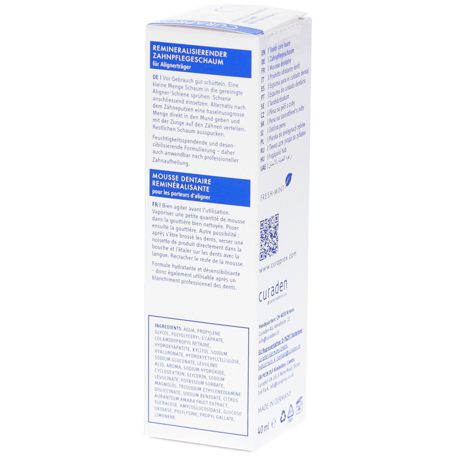 Verpackung mit Text in mehreren Sprachen. CURAPROX Aligner Foam. Inhaltsstoffe.