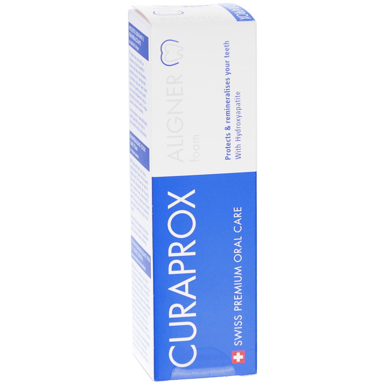 Weiß-blaue Verpackung. CURAPROX Aligner Foam. Swiss Premium Oral Care. Schützt & remineralisiert.