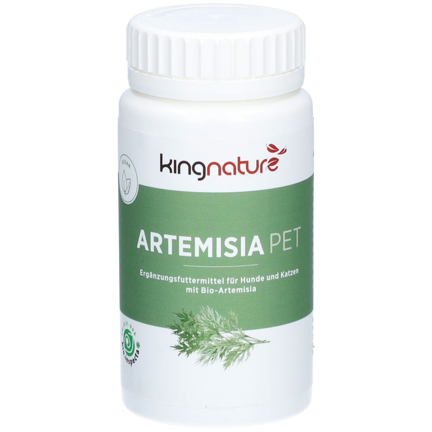 Weißes Flaschenetikett mit "Kingnature" und "Artemisia PET". Grün-weiße Farbgebung. Pflanzenabbildung.