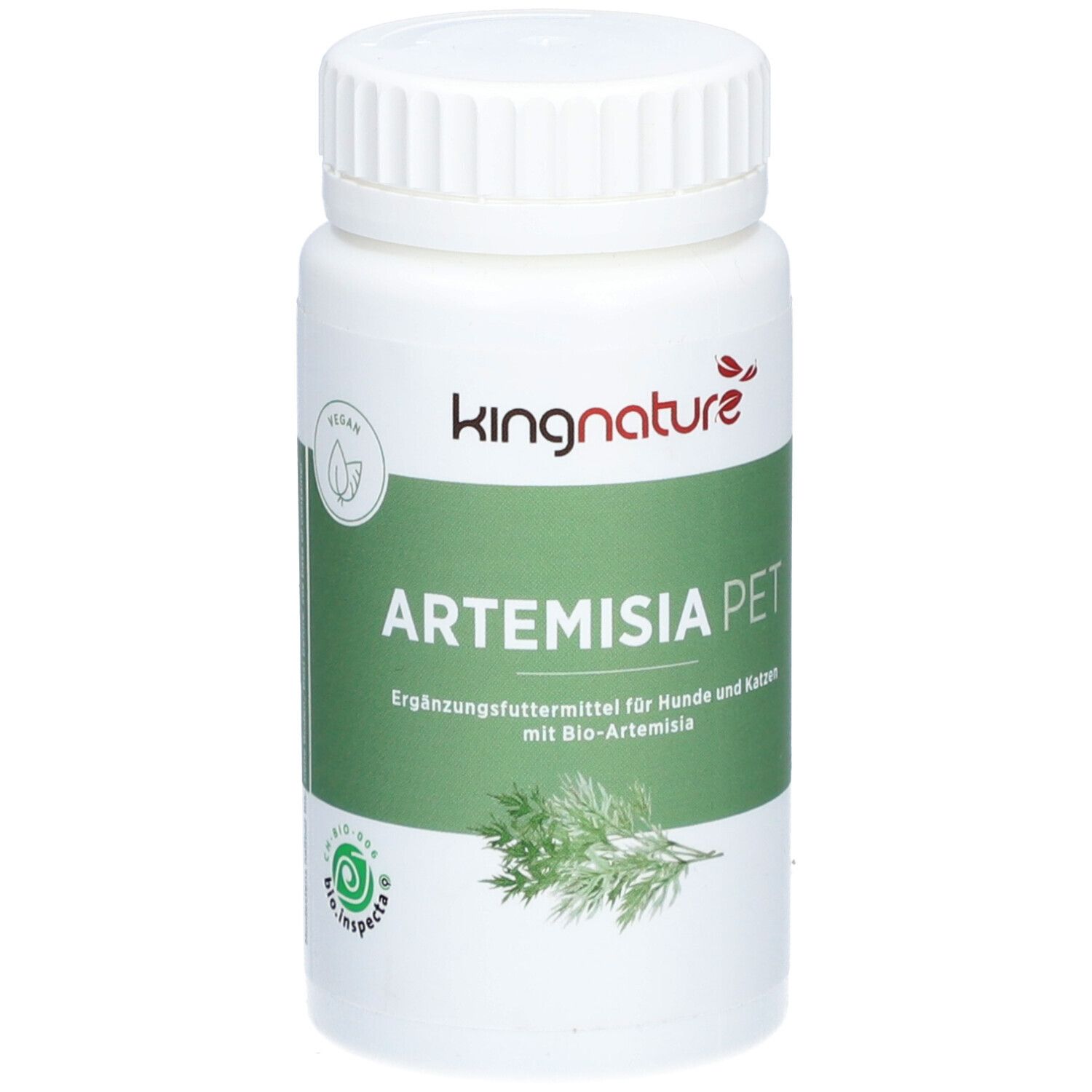 Weiße Flasche mit "Kingnature" und "Artemisia PET". Grün-weiße Farbgebung. "Vegan"-Symbol. "bio.inspecta"-Logo.