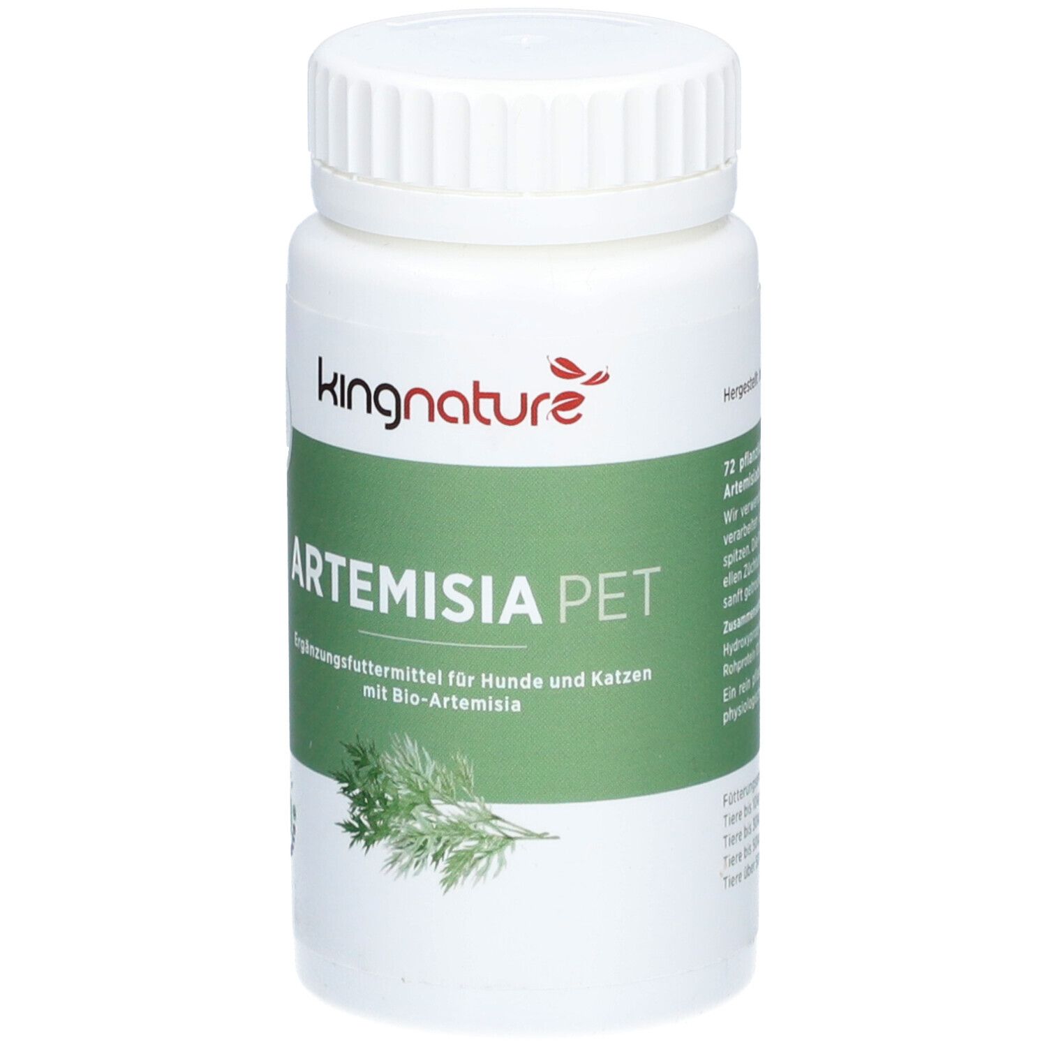 Weiße Flasche mit "Kingnature" und "Artemisia PET". Grün-weiße Farbgebung. Pflanzenabbildung. "bio.inspecta"-Logo.