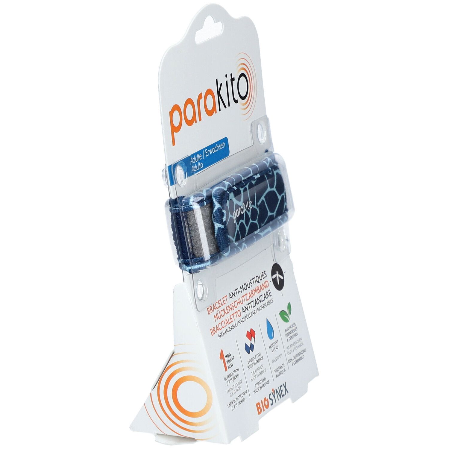 Parakito Armband in Blisterverpackung. Giraffenmuster. Text: Anti-Moustiques, Erwachsene. 1 Monat Schutz. Winkelansicht.