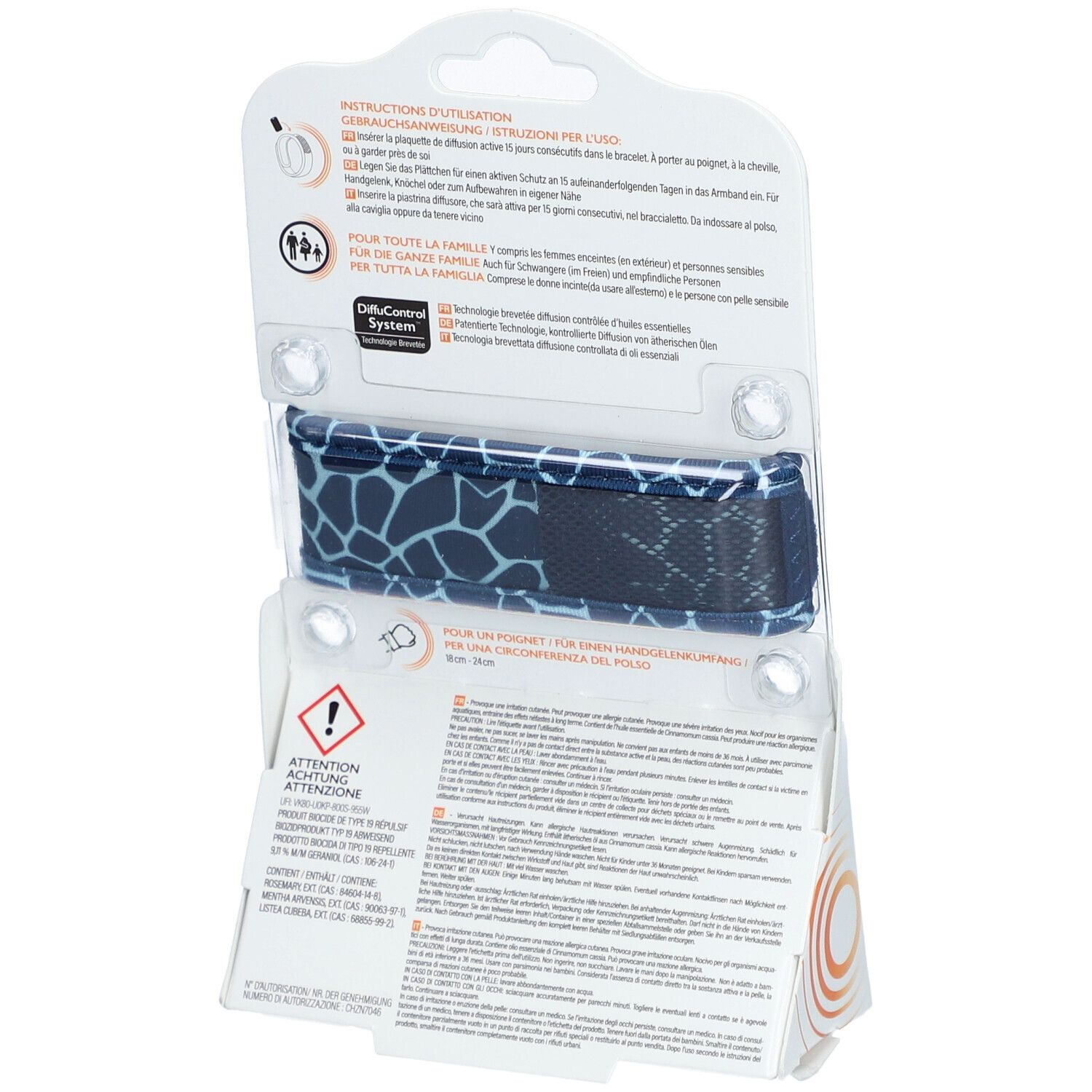 Rückseite der Parakito-Verpackung. Gebrauchsanweisung, Warnhinweise. Armband mit Giraffenmuster sichtbar.