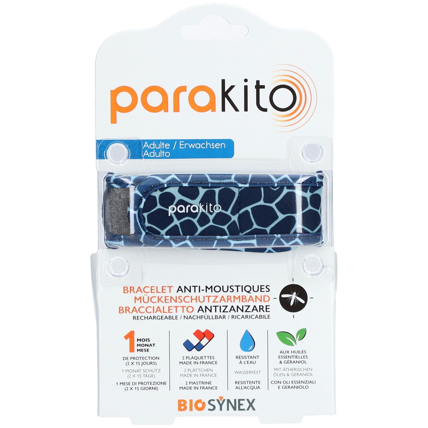 Parakito Armband, Giraffenmuster, in Blisterverpackung. Text: Anti-Moustiques, Erwachsene. 1 Monat Schutz. Marke sichtbar.