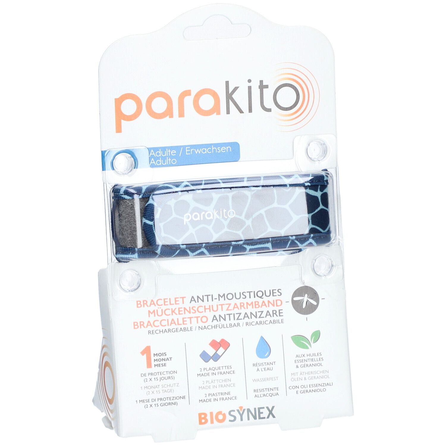 Parakito Armband, Giraffenmuster, in Blisterverpackung. Text: Anti-Moustiques, Erwachsene. Marke sichtbar.