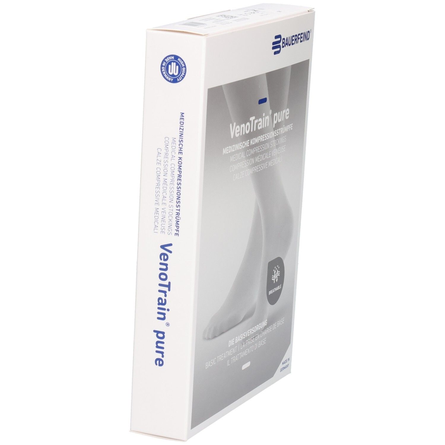 Bauerfeind VenoTrain pure Kompressionsstrümpfe Verpackung mit Abbildung eines Beins.