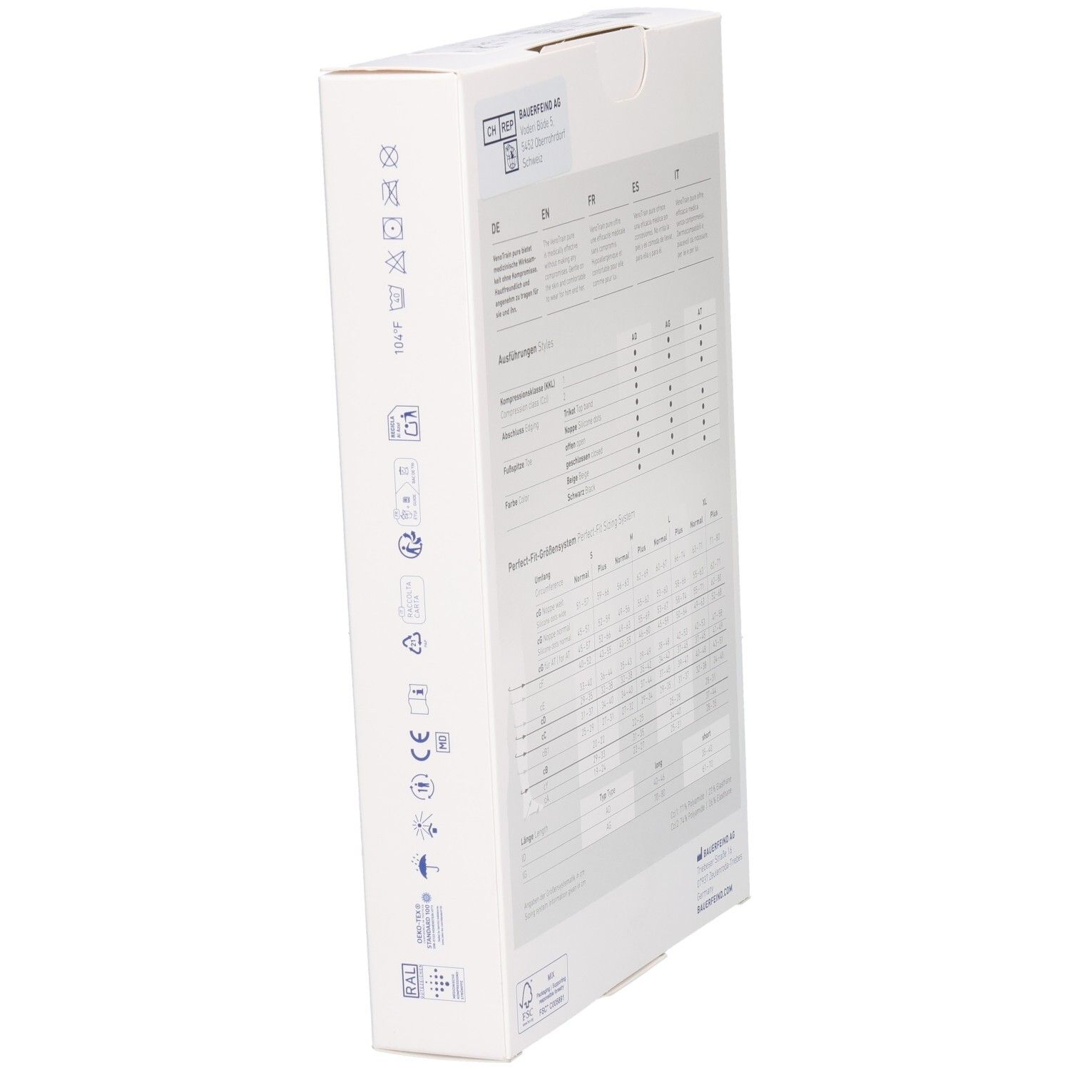 Weiße Verpackung mit blauen Symbolen und Größentabelle für Kompressionsstrümpfe.