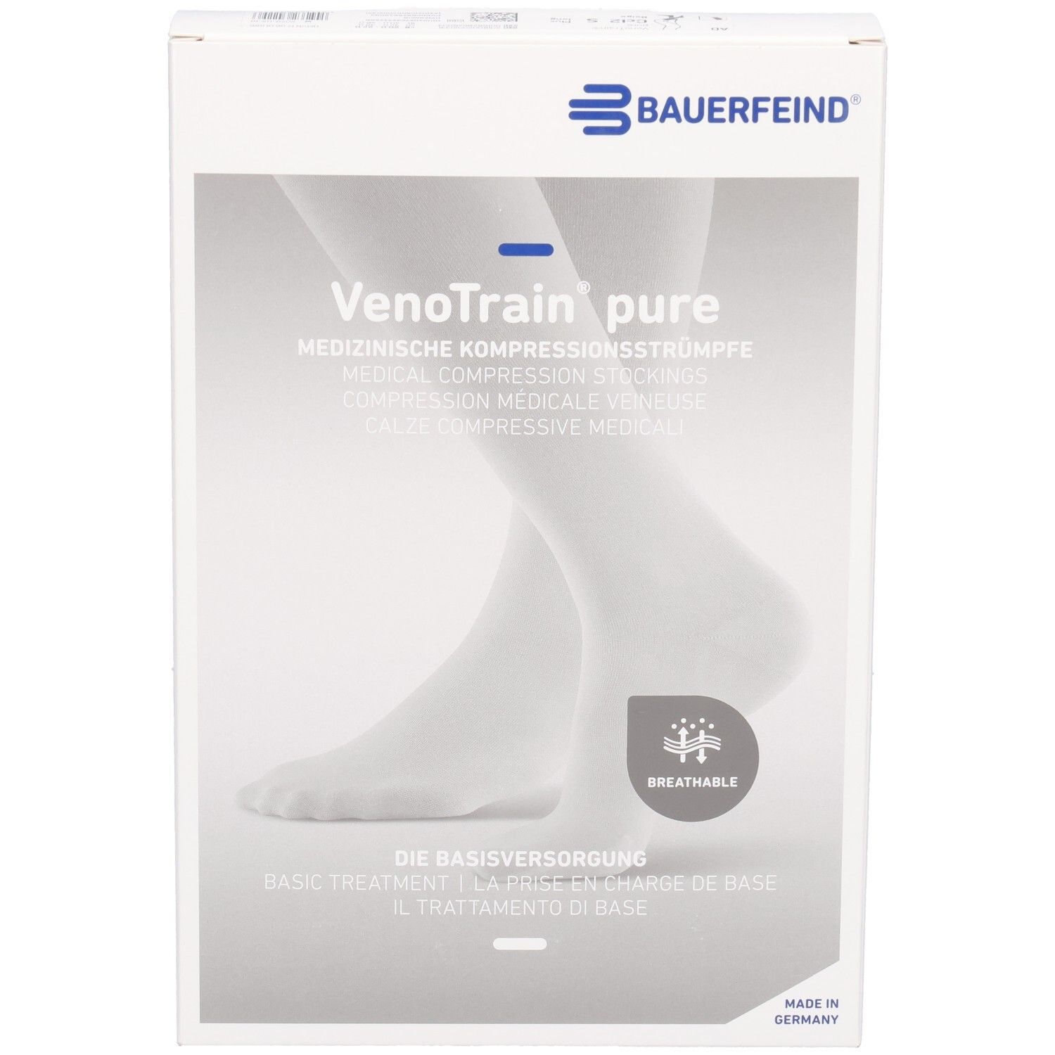 Bauerfeind VenoTrain pure medizinische Kompressionsstrümpfe, weiß, atmungsaktiv.