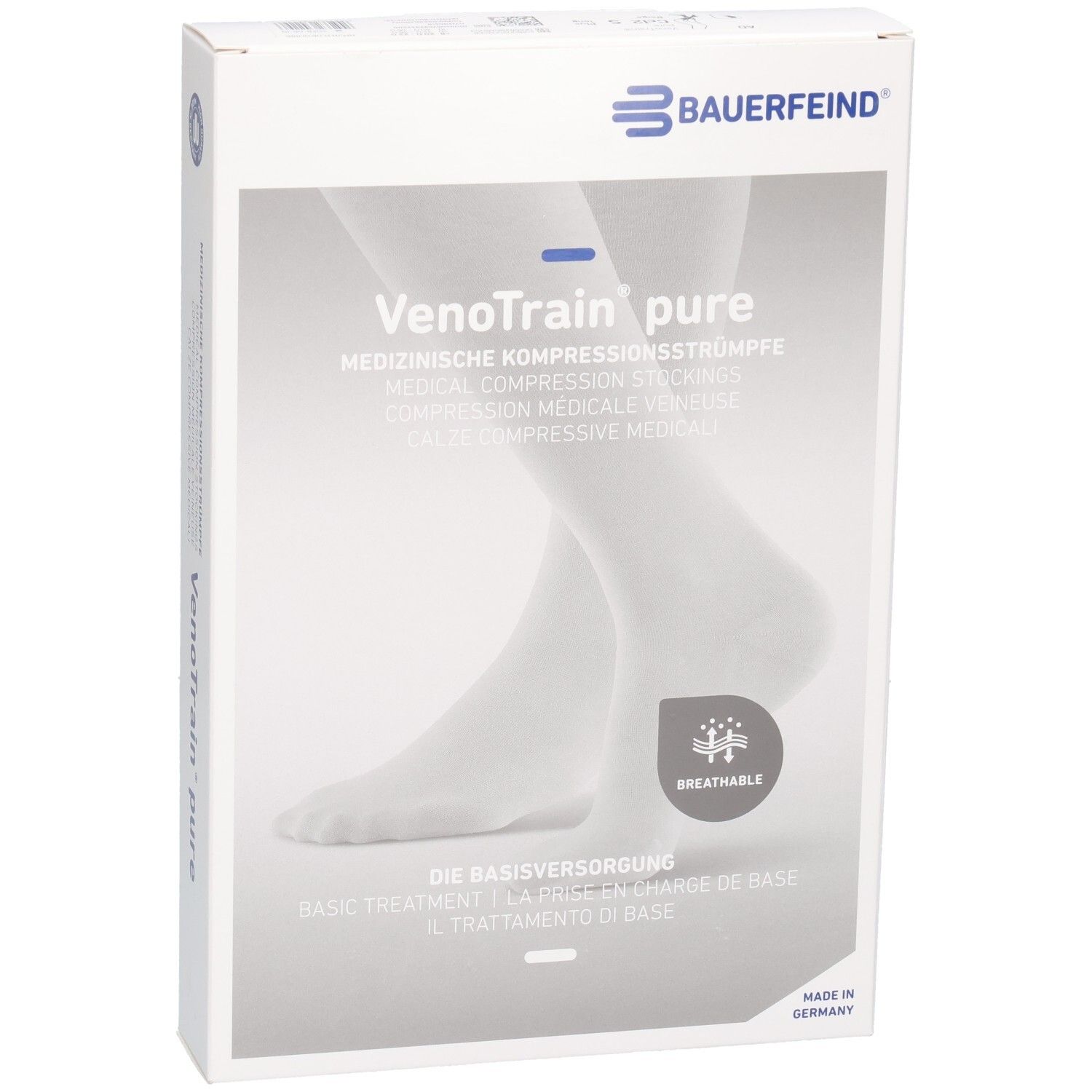 Bauerfeind VenoTrain pure medizinische Kompressionsstrümpfe, weiß, atmungsaktiv.