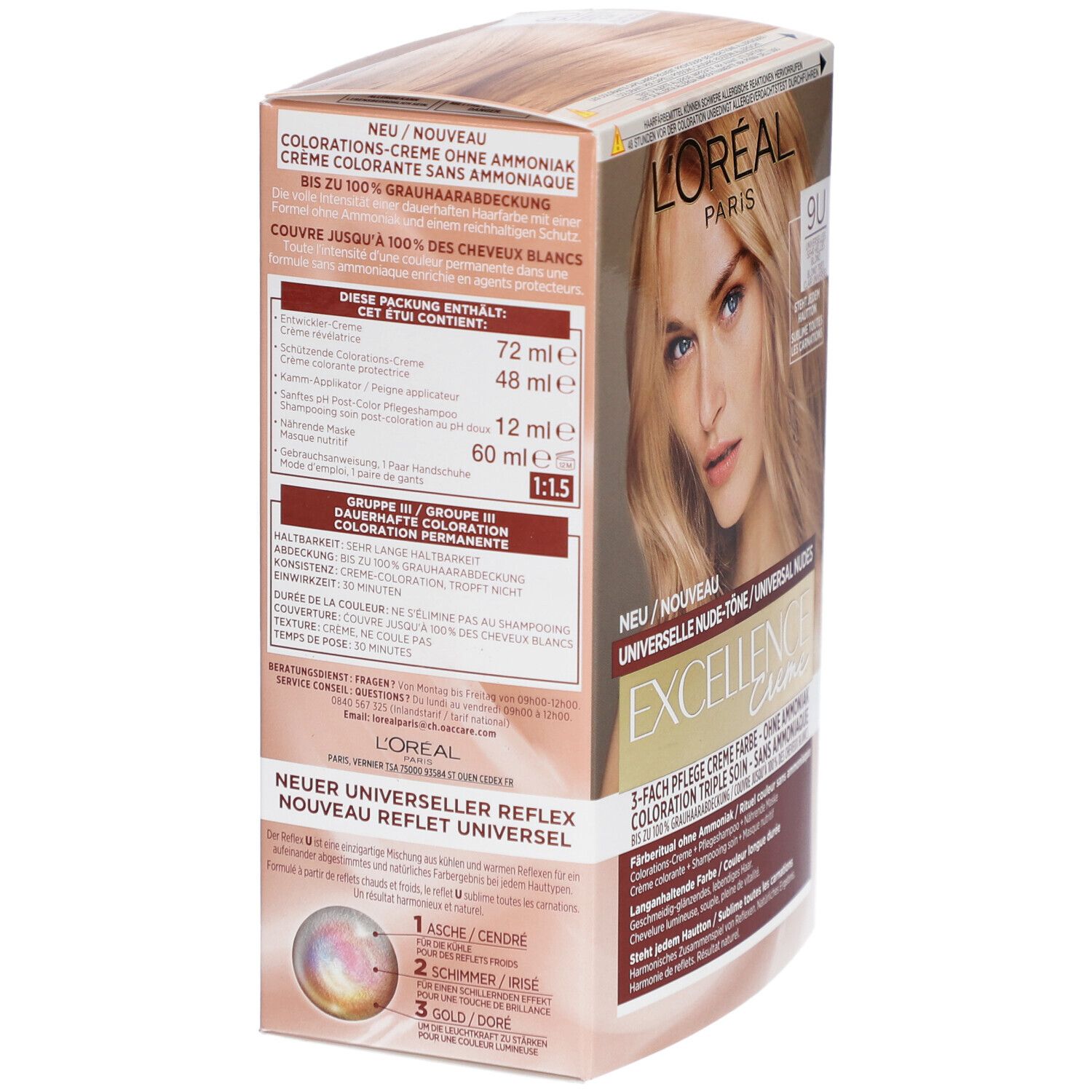 Dos de la boîte de coloration capillaire L'Oréal Paris Excellence Creme. Contient des informations sur les ingrédients et l'utilisation.