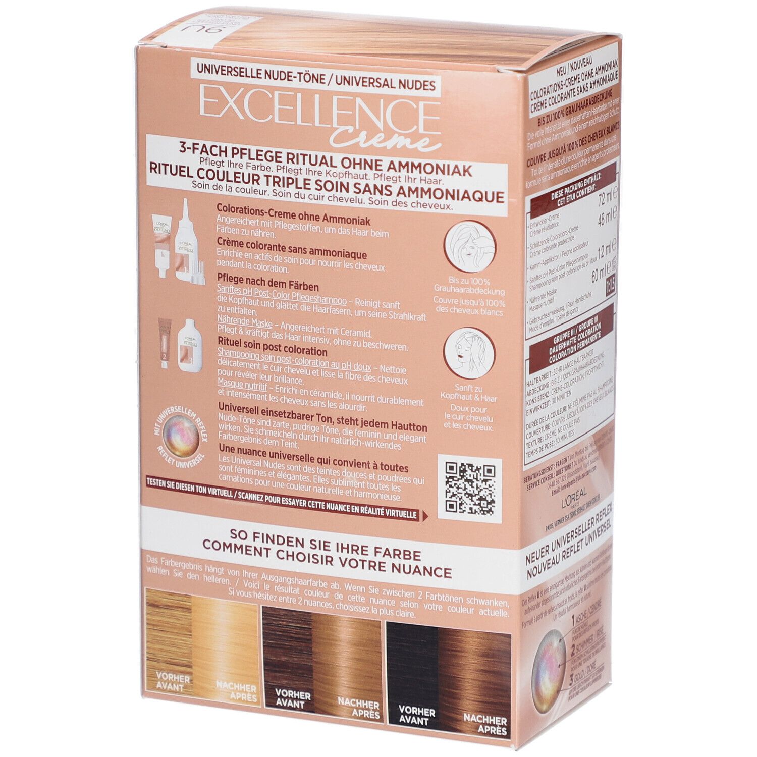 Côté de la boîte de coloration capillaire L'Oréal Paris Excellence Creme. Informations sur l'application et le choix des couleurs.