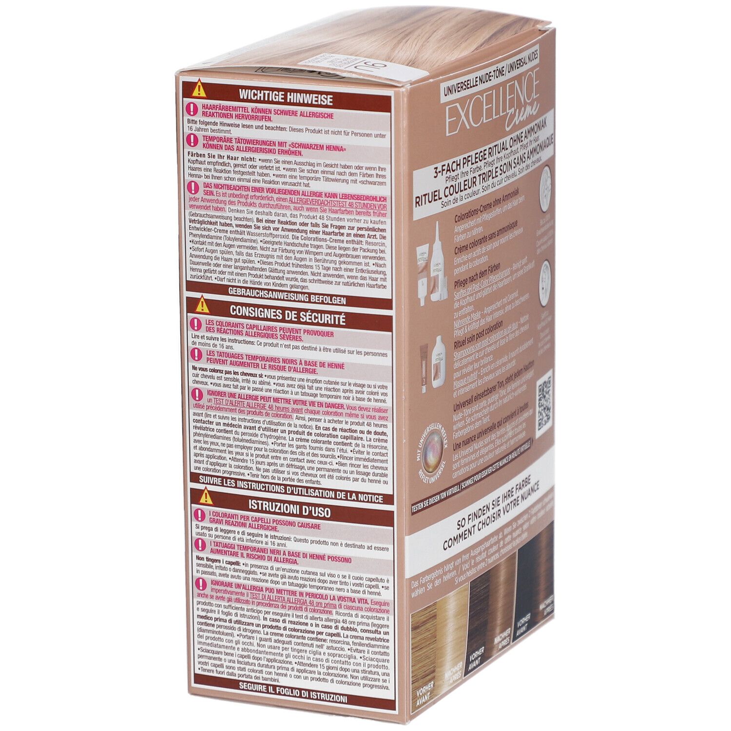 Côté de la boîte de coloration capillaire L'Oréal Paris Excellence Creme. Informations sur les avertissements et le mode d'emploi.