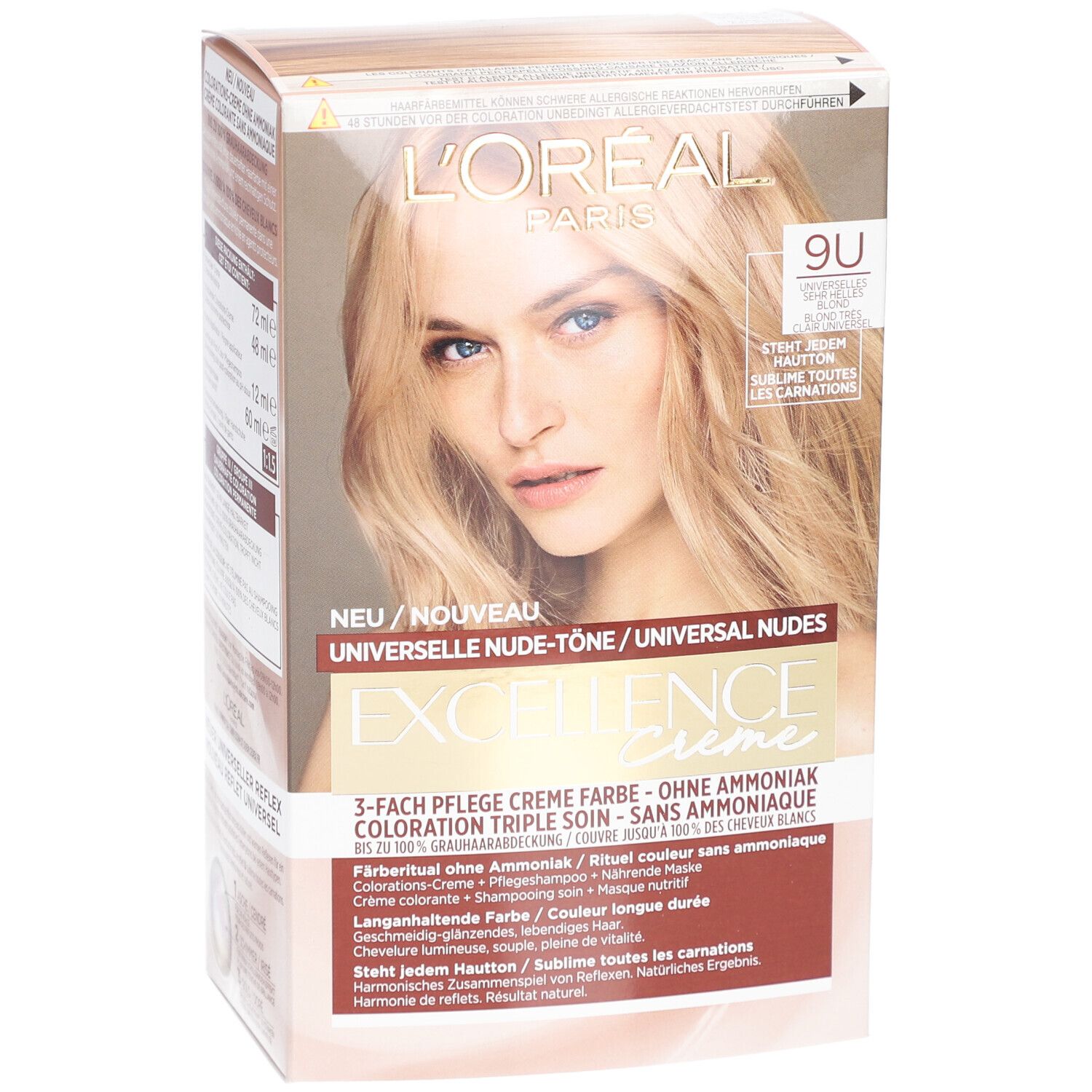 Face avant de la boîte de coloration capillaire L'Oréal Paris Excellence Creme, nuance 9U. Femme blonde sur l'emballage.