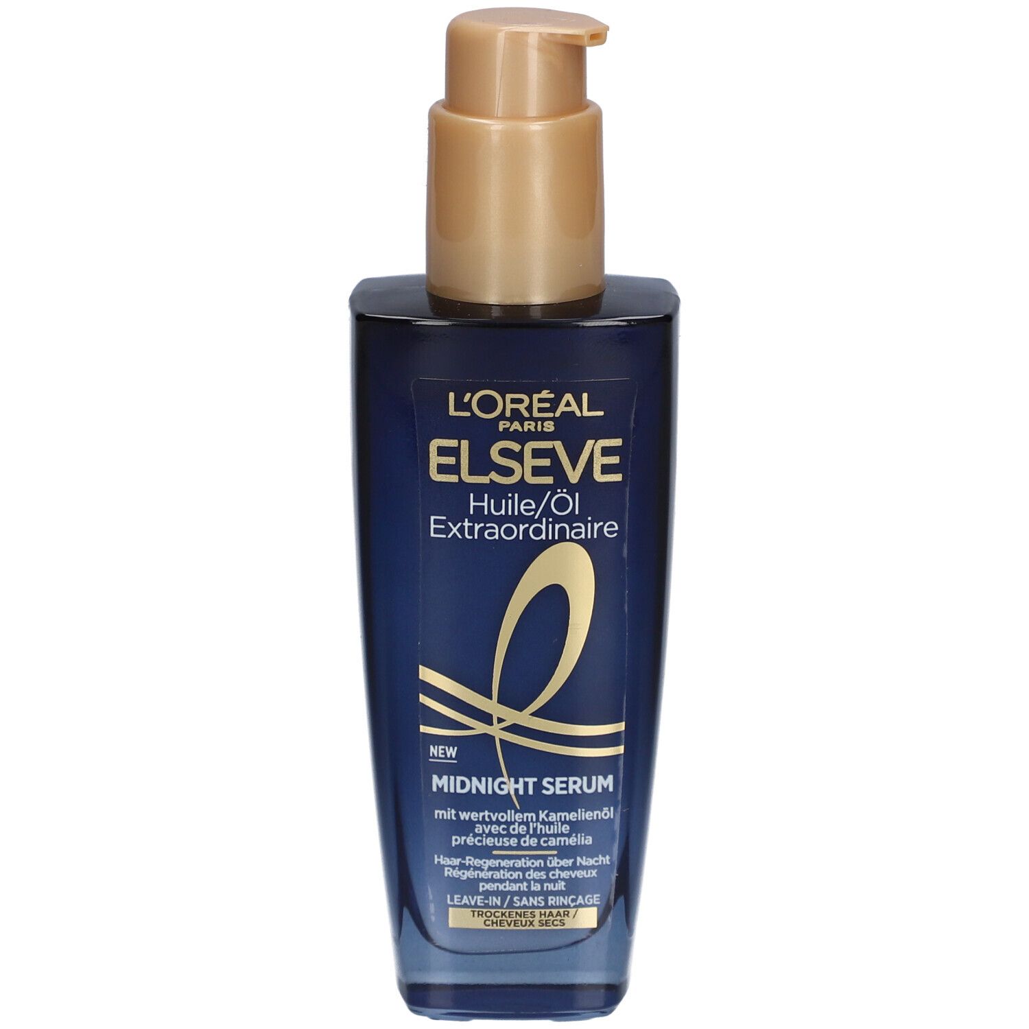 Flacon bleu foncé avec pompe dorée. Inscription : L'ORÉAL PARIS ELSEVE Huile Extraordinaire Midnight Serum.
