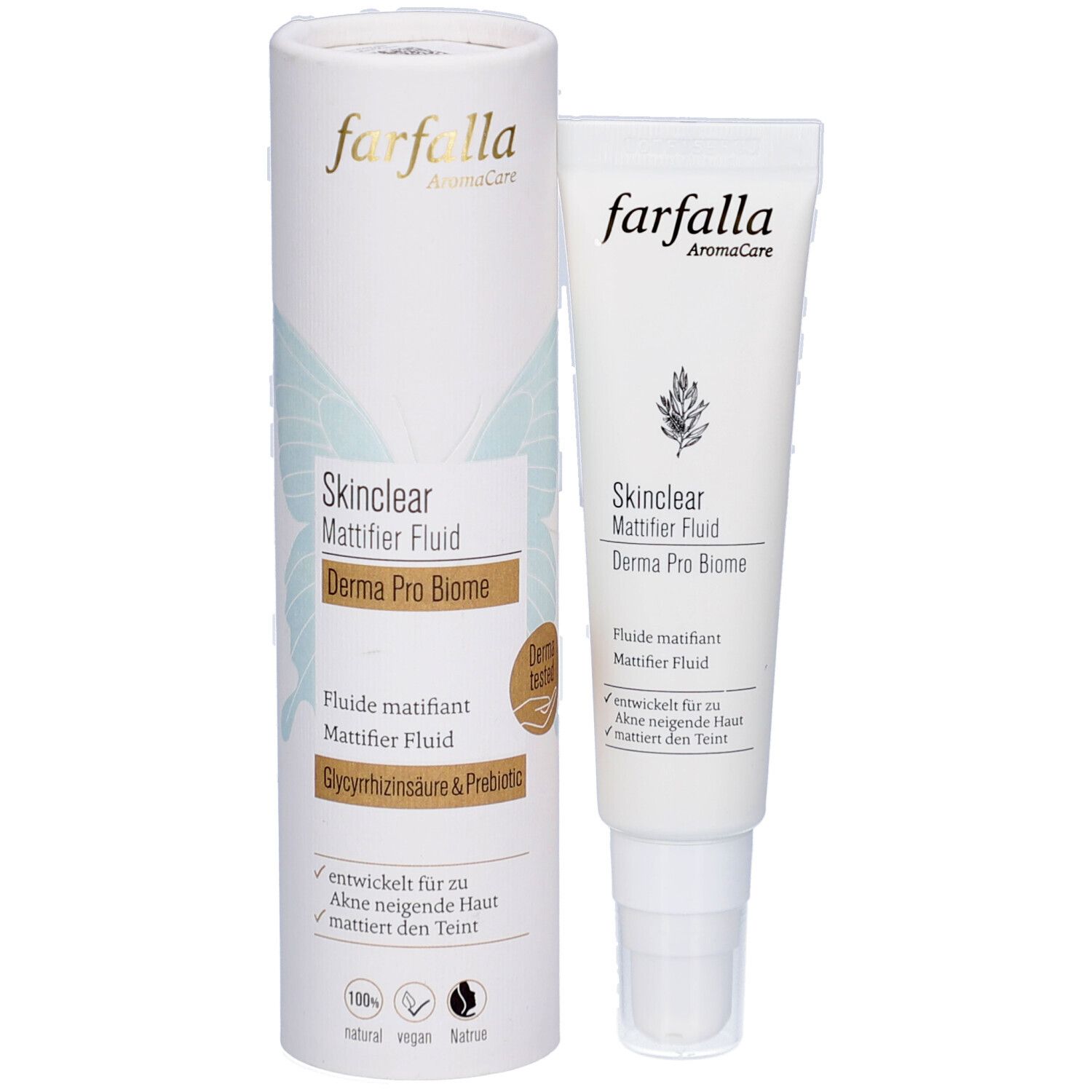 Produkt und Verpackung. Tube und zylindrische Verpackung. Text: Skinclear Mattifier Fluid, Derma Pro Biome. Marke: farfalla.