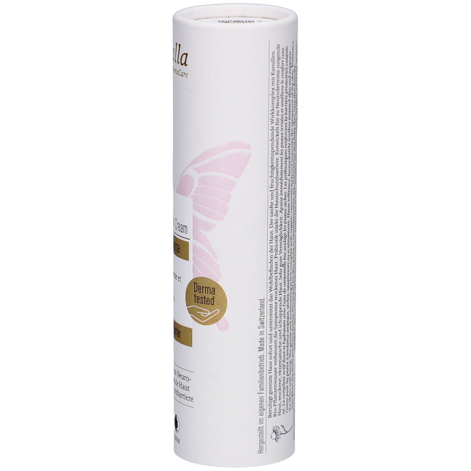 Zylindrische Verpackung. Farfalla Ultrasens Repair & Calm Cream. Produktinformationen und Logo.