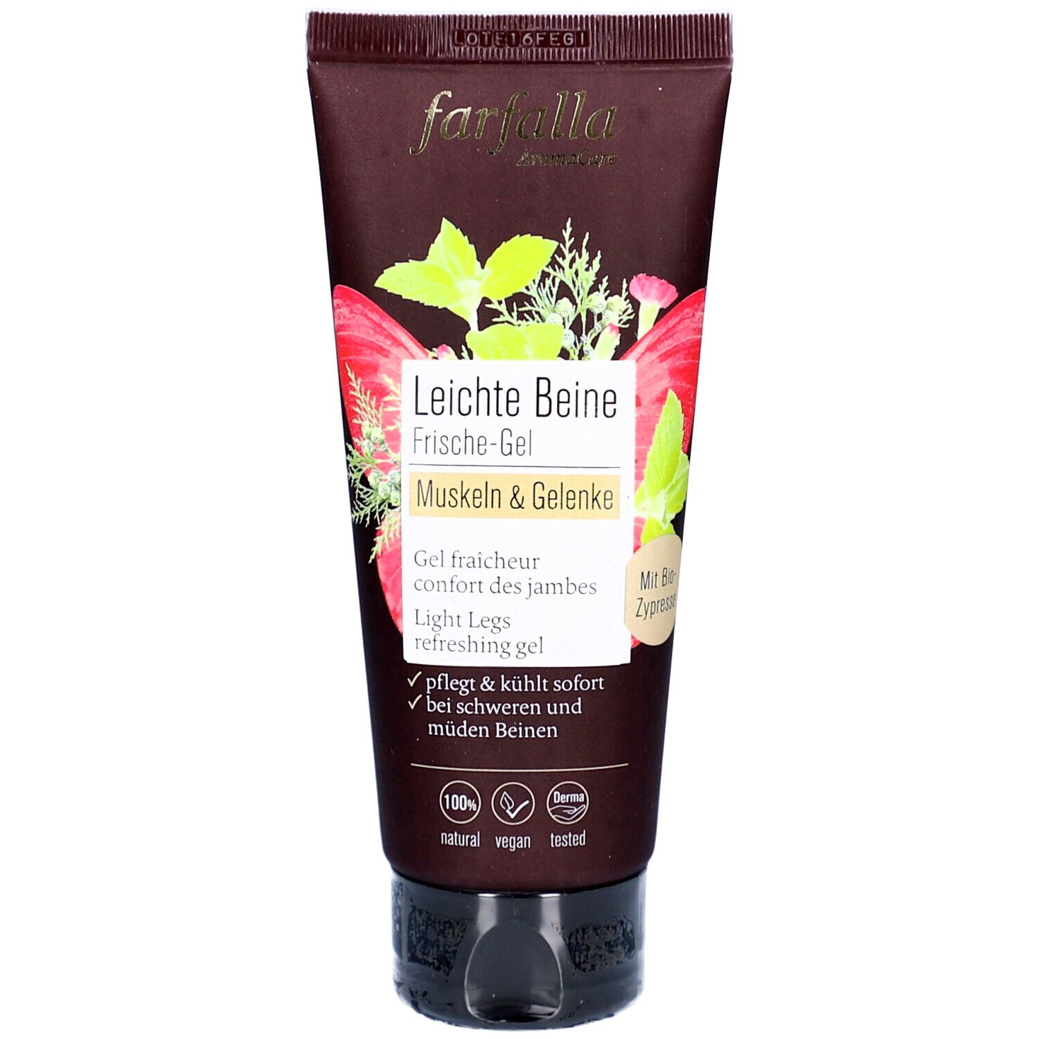 Braune Tube mit Farfalla-Logo und Aufschrift 'Leichte Beine Frische-Gel'. Abbildung von Erdbeeren und Kräutern. Mit Vegan- und Dermatest-Siegel.