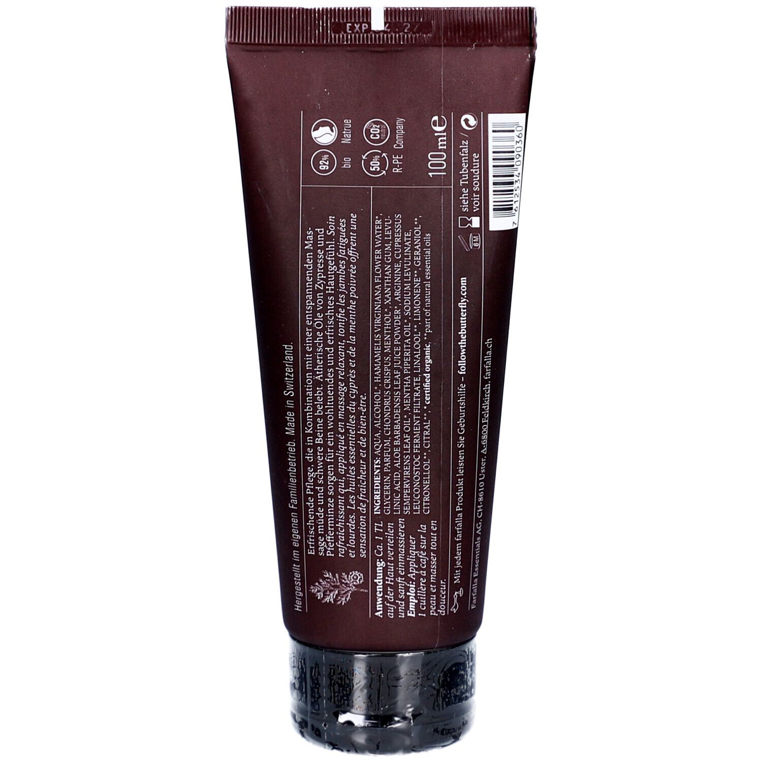 Rückseite der braunen Tube. Enthält Informationen zu Inhaltsstoffen, Anwendung und Hersteller. Mit '100 ml' Angabe.