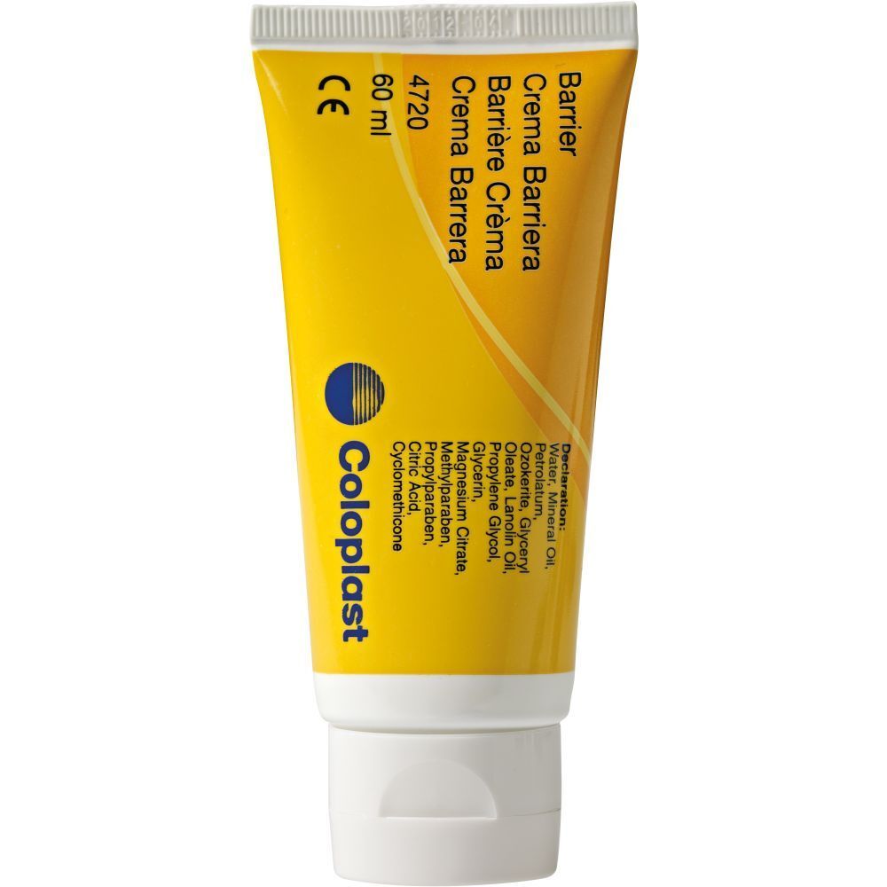 Gelbe Tube mit weißem Verschluss. Aufschrift: Coloplast, Barrier Creme, 60 ml.